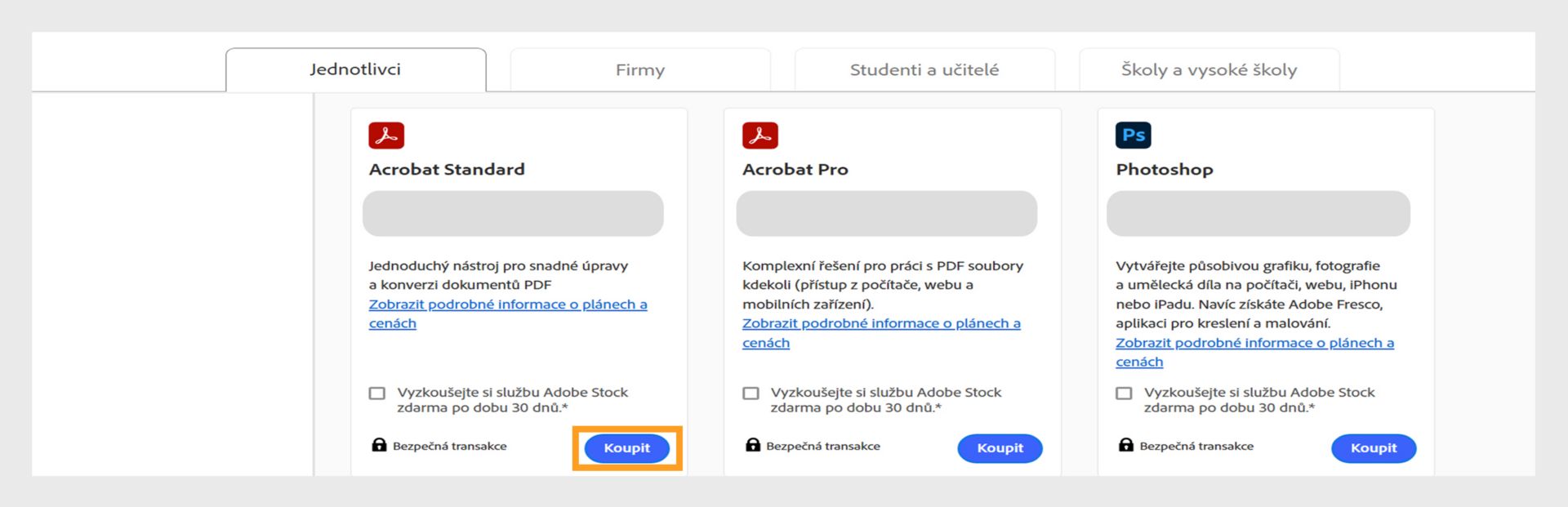 Stránka s plány služby Creative Cloud, kde se zobrazují všechny plány, které lze zakoupit, a karty pro přepínání mezi plány typu Jednotlivci, Firmy, Studenti a učitelé a Školy a vysoké školy. 