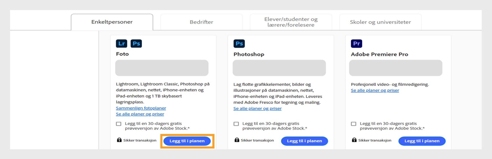 Siden Creative Cloud-abonnementer viser alle abonnementene du kan kjøpe og fanene for å veksle mellom abonnementer for enkeltpersoner, bedrifter, studenter og lærere, og studenter og universiteter. 