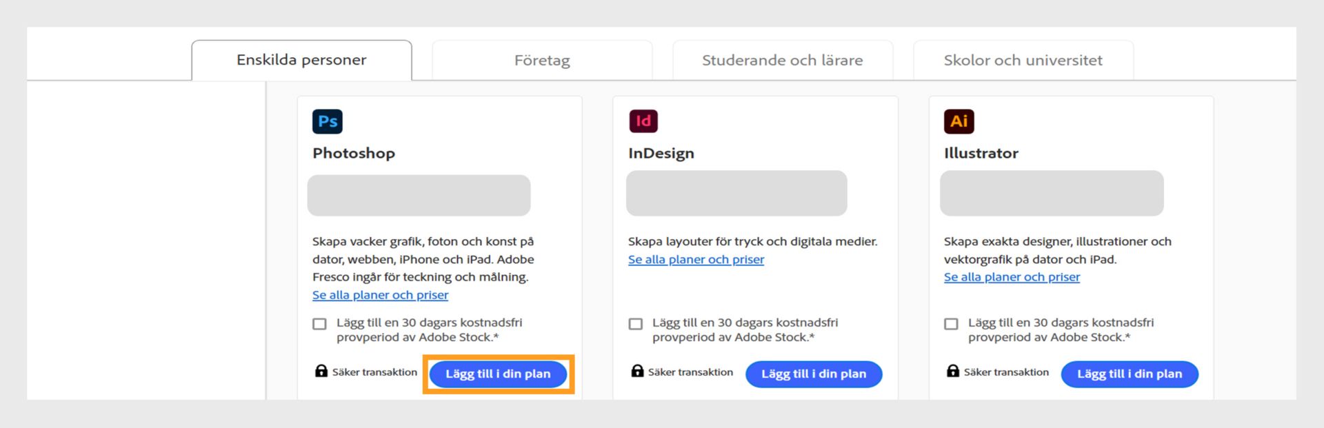 Sidan Creative Cloud-planer visar alla planer som finns att köpa, och flikarna för att växla mellan planer för enskilda personer, företag, studenter och lärare samt studenter och universitet. 