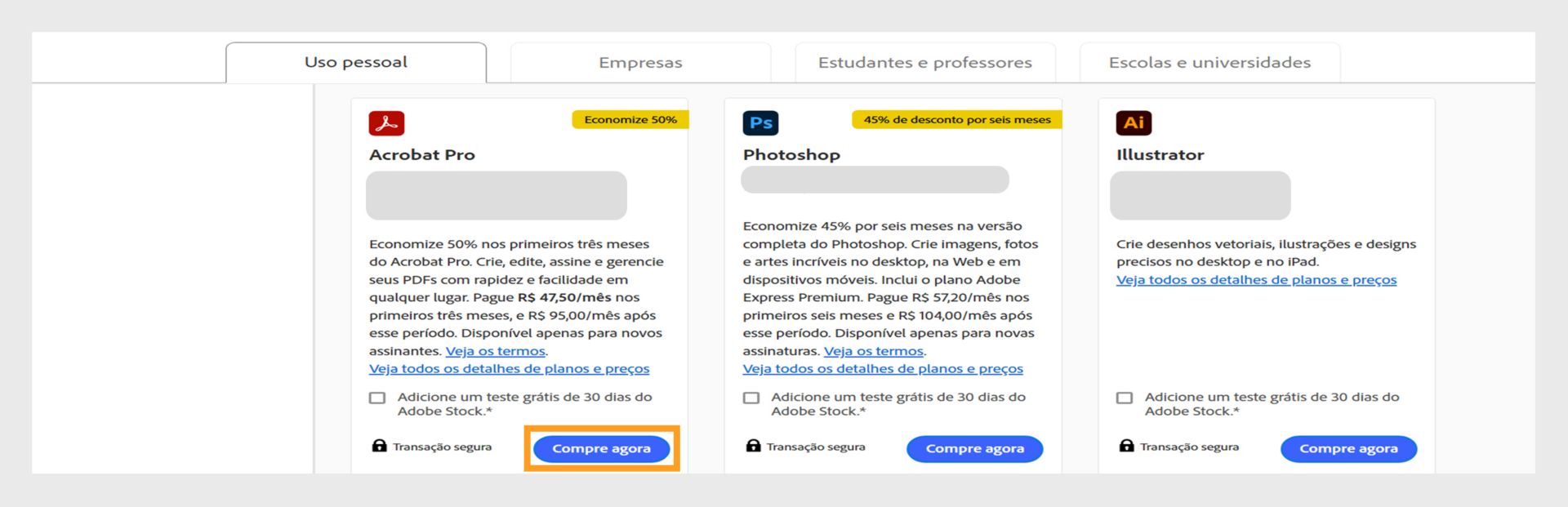 A página de planos Creative Cloud mostrando todos os planos de compra e as guias para alternar entre os planos Individual, Empresarial, Estudantes e Professores, e Estudantes e Universidades. 