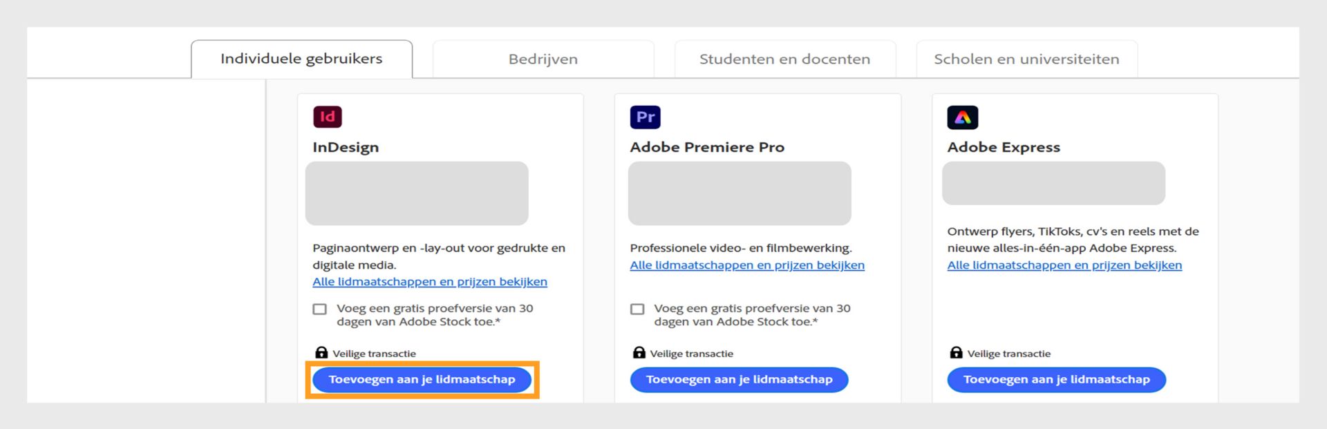 De pagina Creative Cloud-abonnementen met alle abonnementen die u kunt kopen en de tabbladen om te schakelen tussen abonnementen voor Individueel, Bedrijven, Studenten en docenten, en Studenten en universiteiten. 