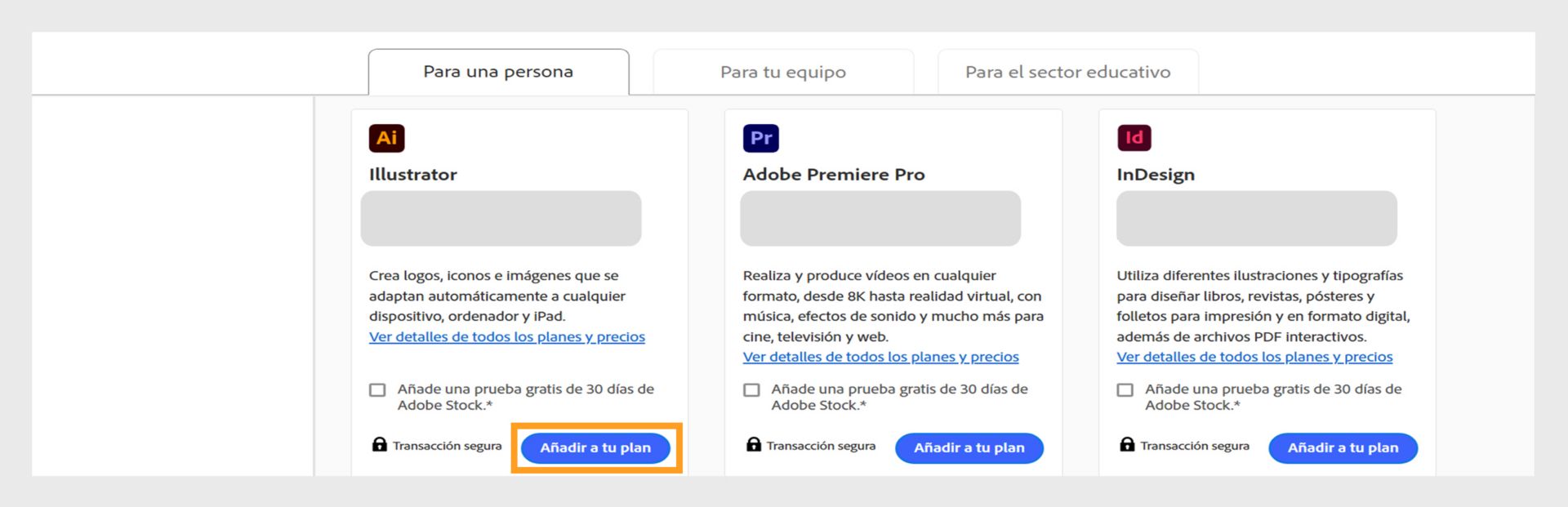 La página de planes de Creative Cloud muestra todos los planes que se pueden adquirir y las pestañas para cambiar entre los planes Individual, Empresas, Estudiantes y profesorado y Estudiantes y universidades. 