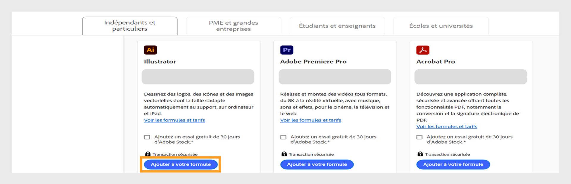 La page Formules Creative Cloud affiche toutes les formules d’achat et les onglets permettant de basculer entre les formules Particuliers, Entreprises, Étudiants et enseignants et Étudiants et universités. 