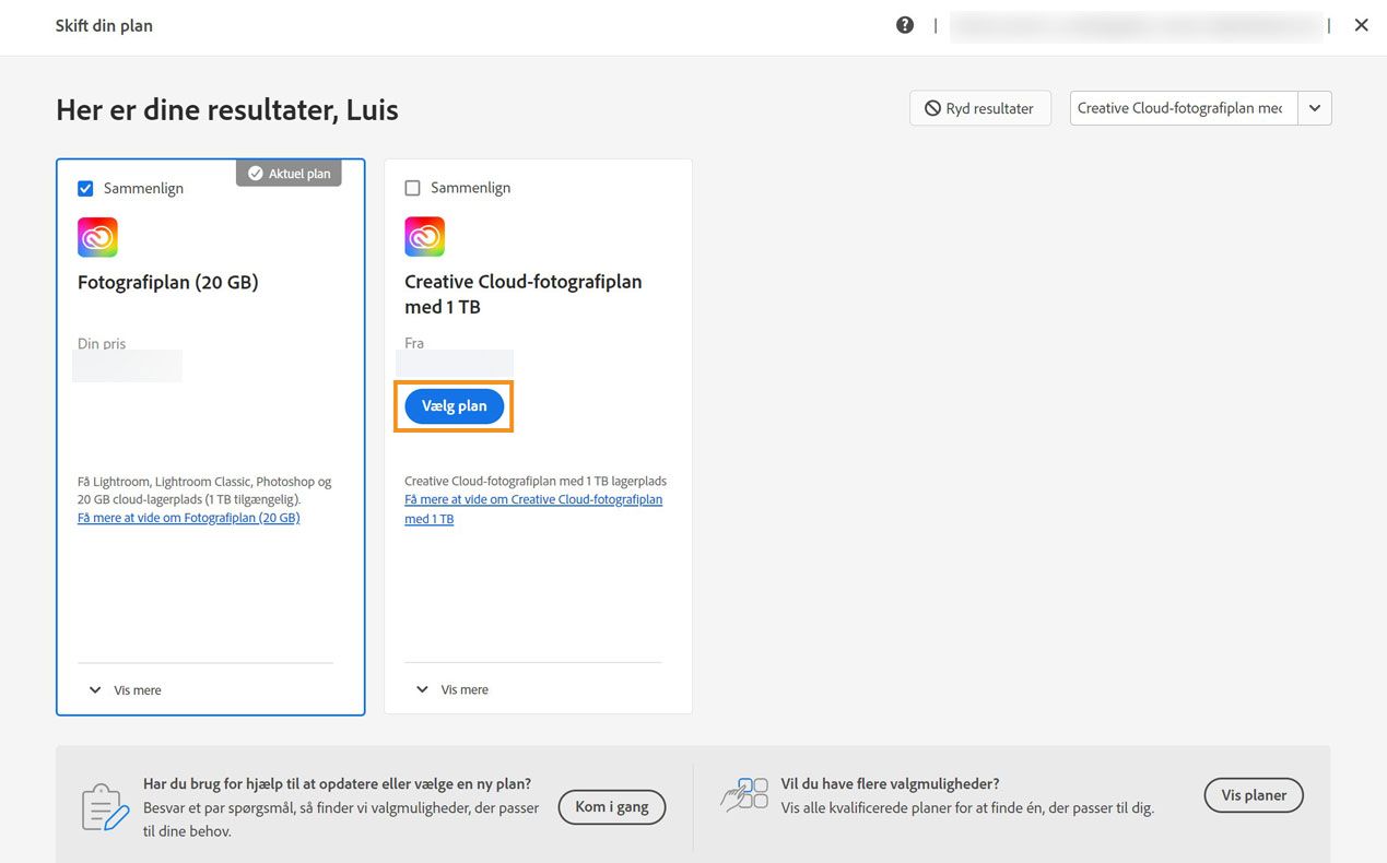 Vælg din foretrukne plan, og fortsæt med at ændre din plan
