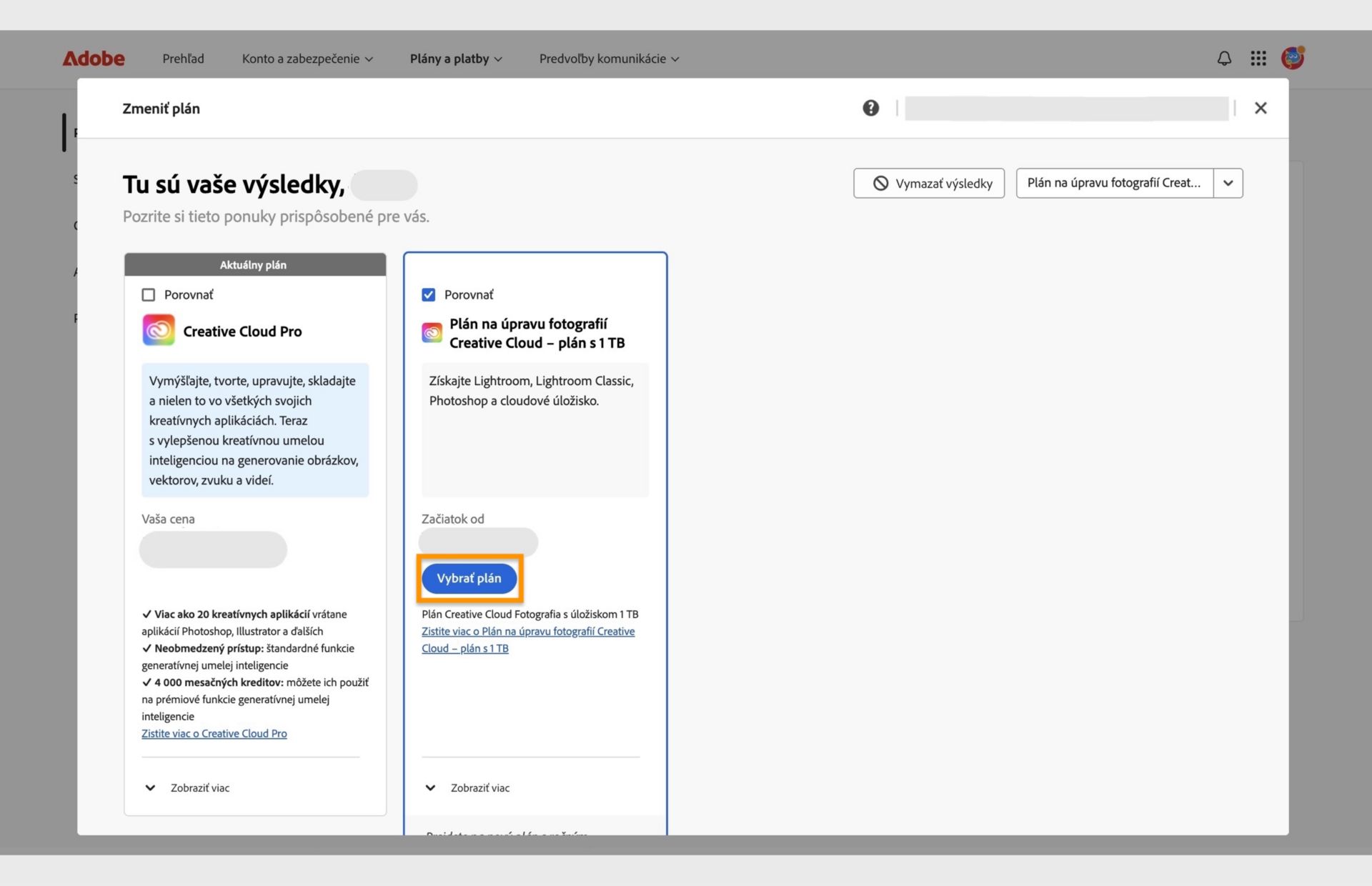 Okno Zmena plánu zobrazuje aktuálny plán, vyhľadané plány a možnosti výberu nového plánu, porovnania plánov, zobrazenia ďalších informácií o pláne a vymazania výsledkov vyhľadávania. 