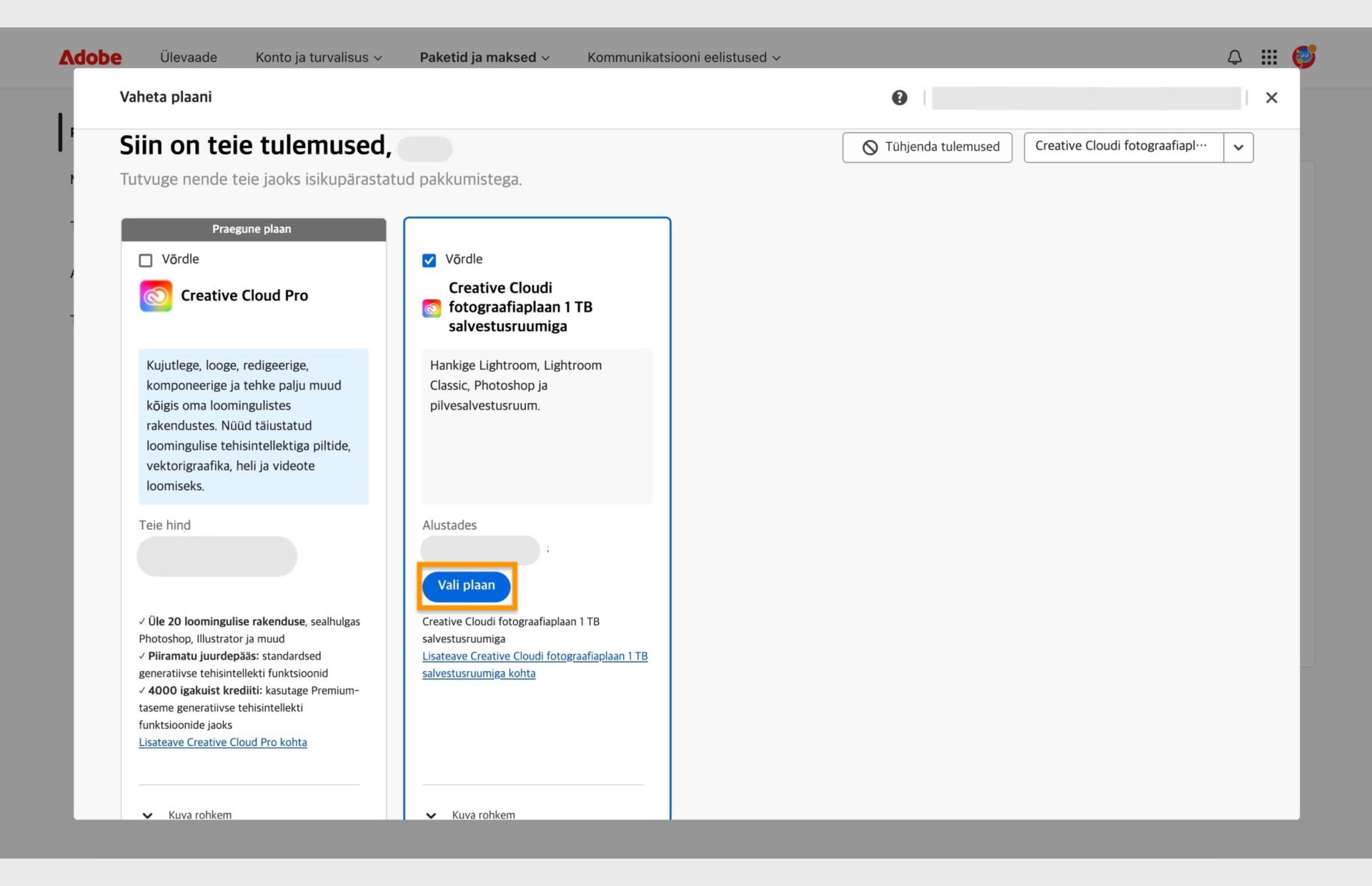 Aken Muuda plaani, milles on kuvatud praegune plaan, otsitud plaanid ja võimalused uue plaani valimiseks, plaanide võrdlemiseks, plaani kohta lisateabe kuvamise ning otsitulemuste kustutamise valikud. 