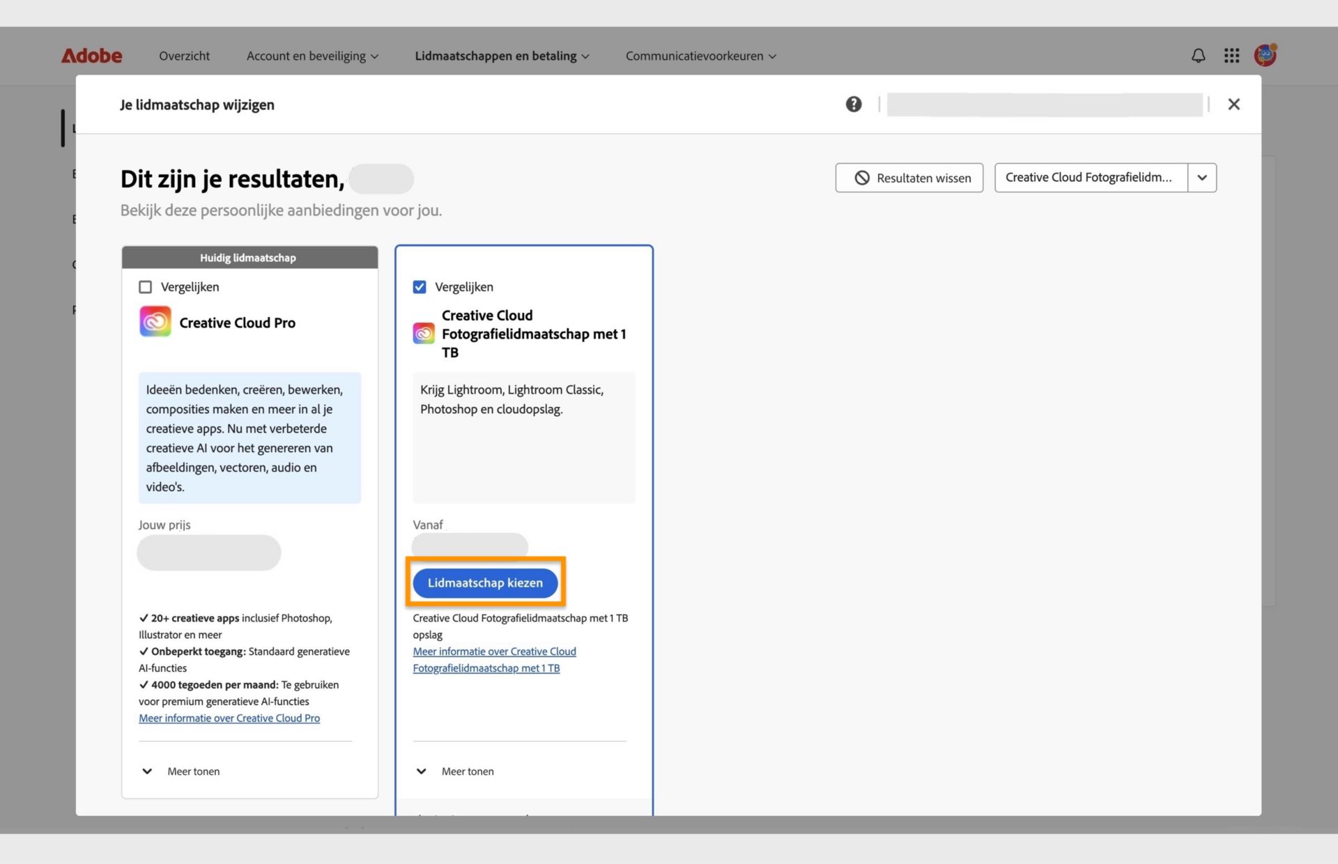 Het venster Je lidmaatschap wijzigen toont het huidige lidmaatschap, de gezochte lidmaatschappen en opties om het nieuwe lidmaatschap te selecteren, lidmaatschappen te vergelijken, meer informatie over het lidmaatschap weer te geven en zoekresultaten te wissen.