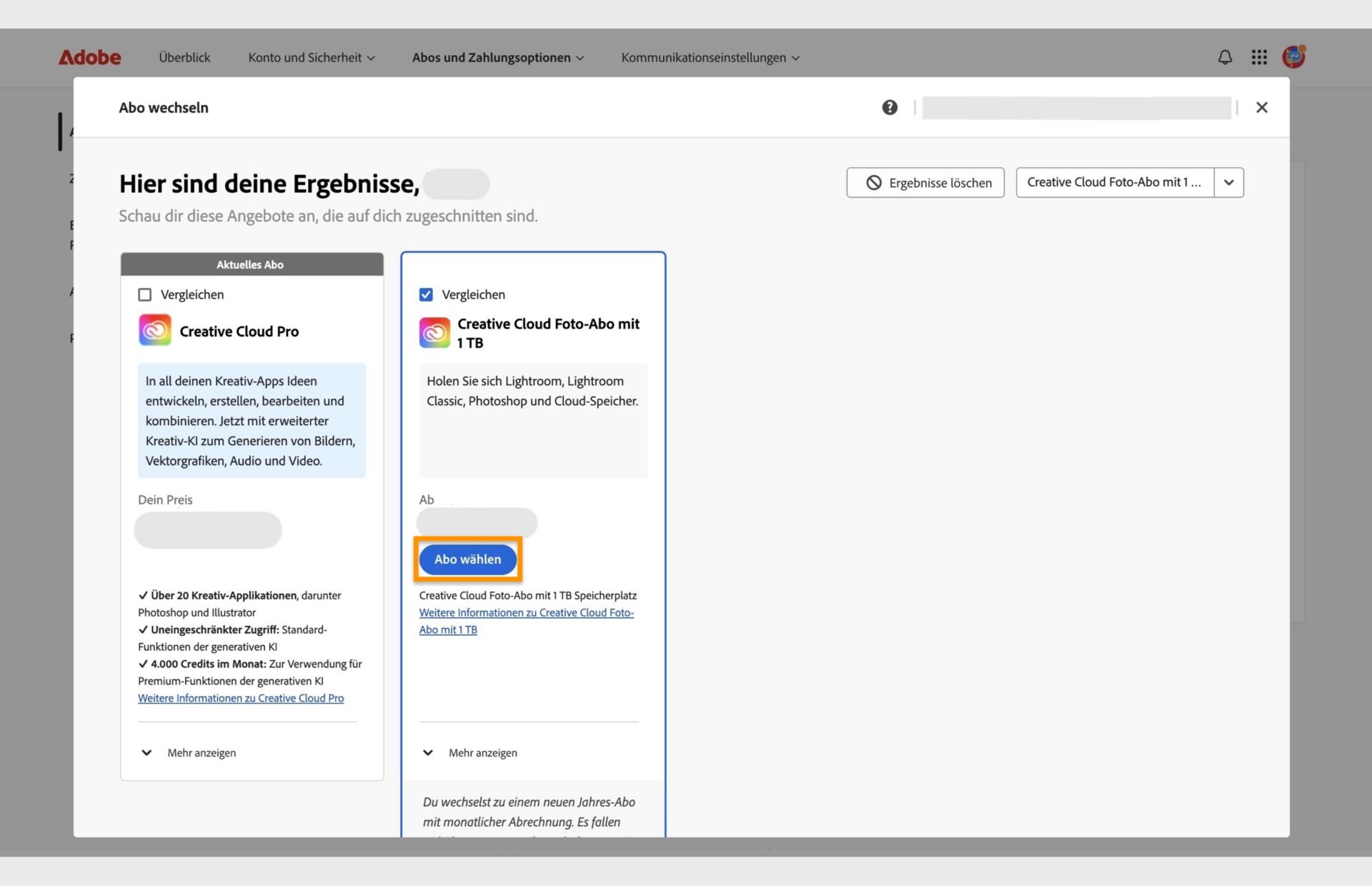 Im Fenster „Abo wechseln“ werden das aktuelle Abo und die gesuchten Abos angezeigt. Außerdem findest du hier Optionen, um das neue Abo auszuwählen, Abos zu vergleichen, weitere Infos über das Abo anzuzeigen und die Suchergebnisse zu löschen. 