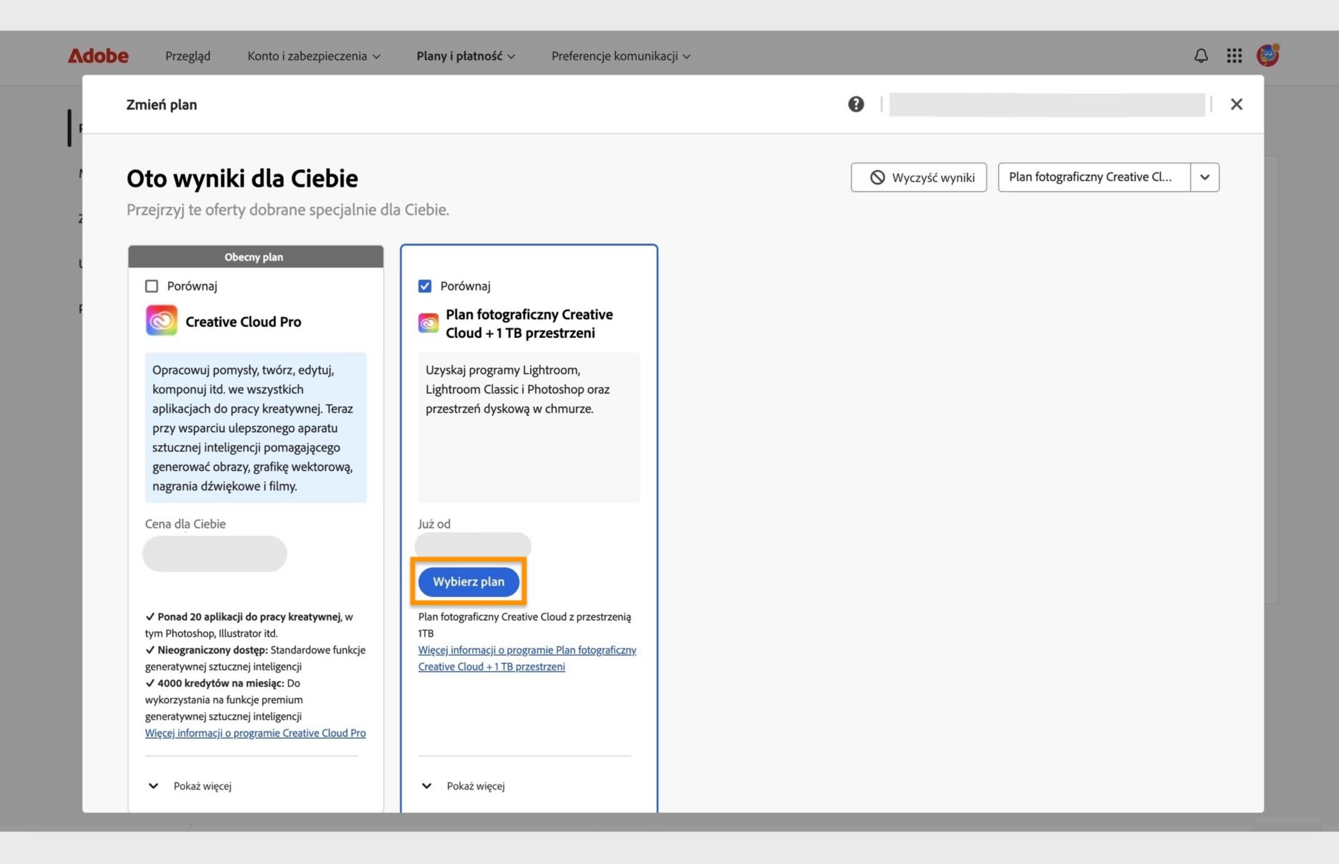 Okno Zmień plan zawiera nazwę bieżącego planu, wyszukiwane plany oraz opcje wyboru nowego planu, porównania planów, wyświetlenia dodatkowych informacji o planie oraz wyczyszczenia wyników wyszukiwania. 