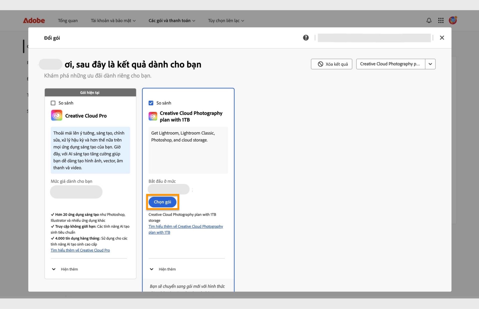 Cửa sổ Đổi gói hiển thị gói hiện tại, các gói đã tìm kiếm và các tùy chọn để chọn gói mới, so sánh các gói, hiển thị thêm thông tin về gói và xóa kết quả tìm kiếm. 