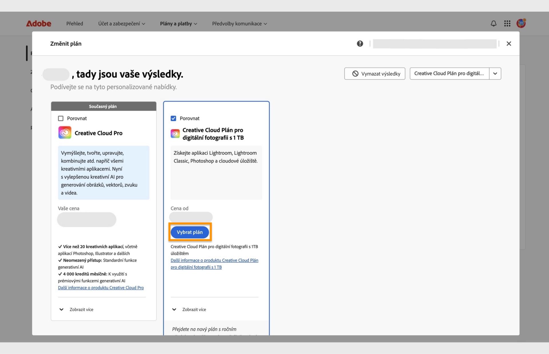 Okno Změna plánu zobrazující aktuální plán, vyhledané plány a možnosti volby nového plánu, porovnání plánů a možnost k zobrazení dalších informací o plánu a vymazání výsledků hledání. 