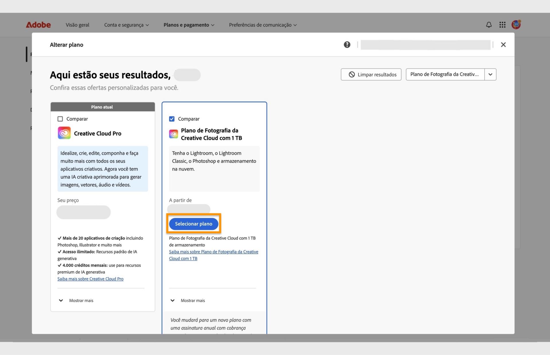 A janela Alterar seu plano mostra o plano atual, os planos pesquisados ​​e opções para selecionar o novo plano, comparar planos, mostrar mais informações sobre o plano e limpar os resultados da pesquisa. 