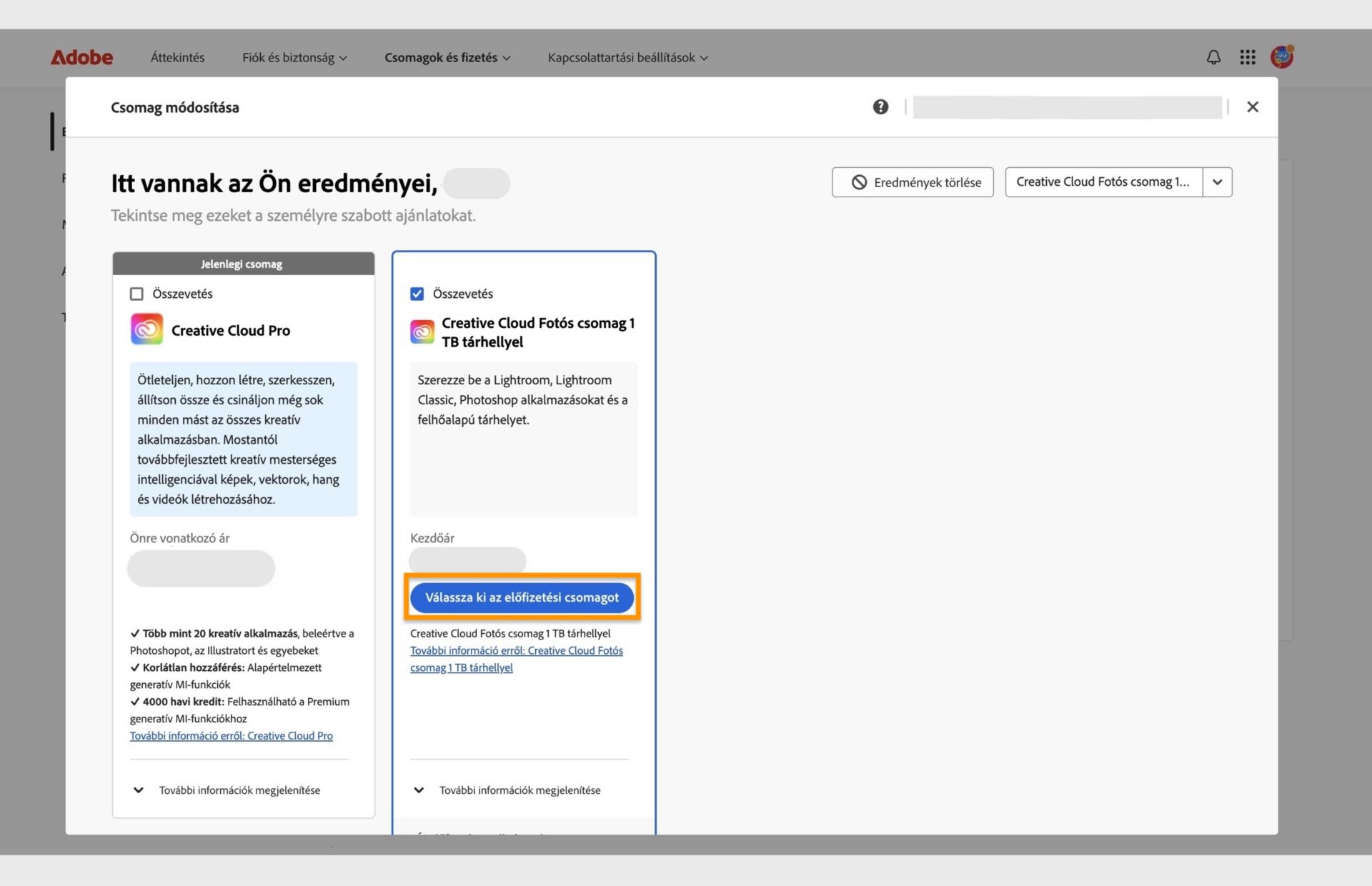 Az Előfizetési csomag módosítása ablak, amely az aktuális előfizetési csomagot, a keresett előfizetési csomagot, valamint az új előfizetési csomag kiválasztásának, az előfizetési csomagok összehasonlításának, az előfizetési csomaggal kapcsolatos további információk megjelenítésének és a keresési eredmények törlésének lehetőségeit mutatja. 