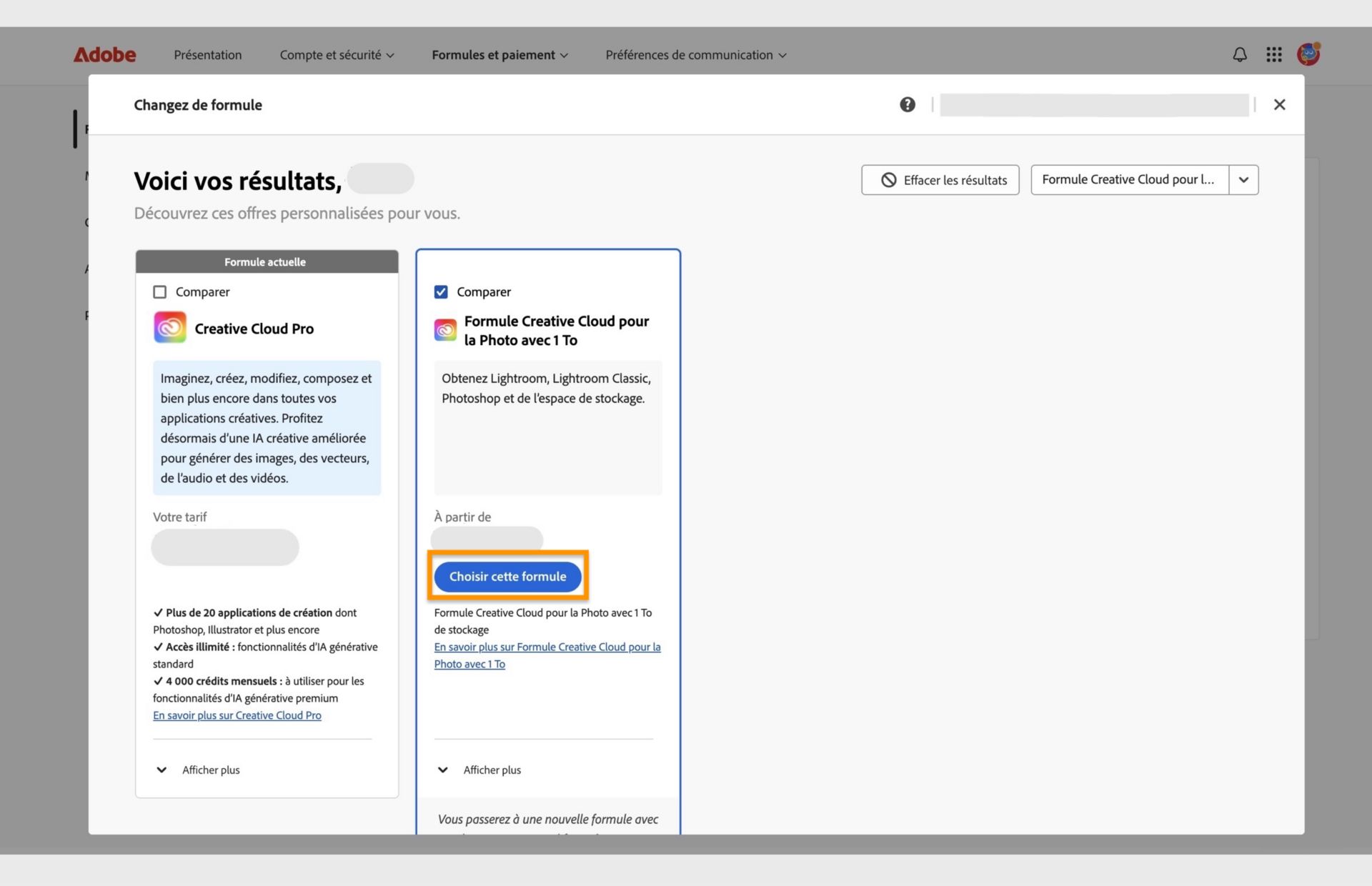 La fenêtre Modifier votre formule affiche la formule en cours, les formules recherchées et les options permettant de sélectionner la nouvelle formule, de comparer les formules, d’afficher plus d’informations sur la formule et d’effacer les résultats de recherche. 