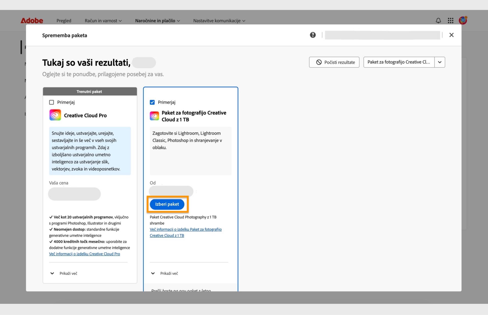 Okno za zamenjavo paketa, ki prikazuje trenutni paket, iskane pakete in možnosti za izbiro novega paketa, primerjavo paketov, prikaz več informacij o paketu in brisanje rezultatov iskanja. 