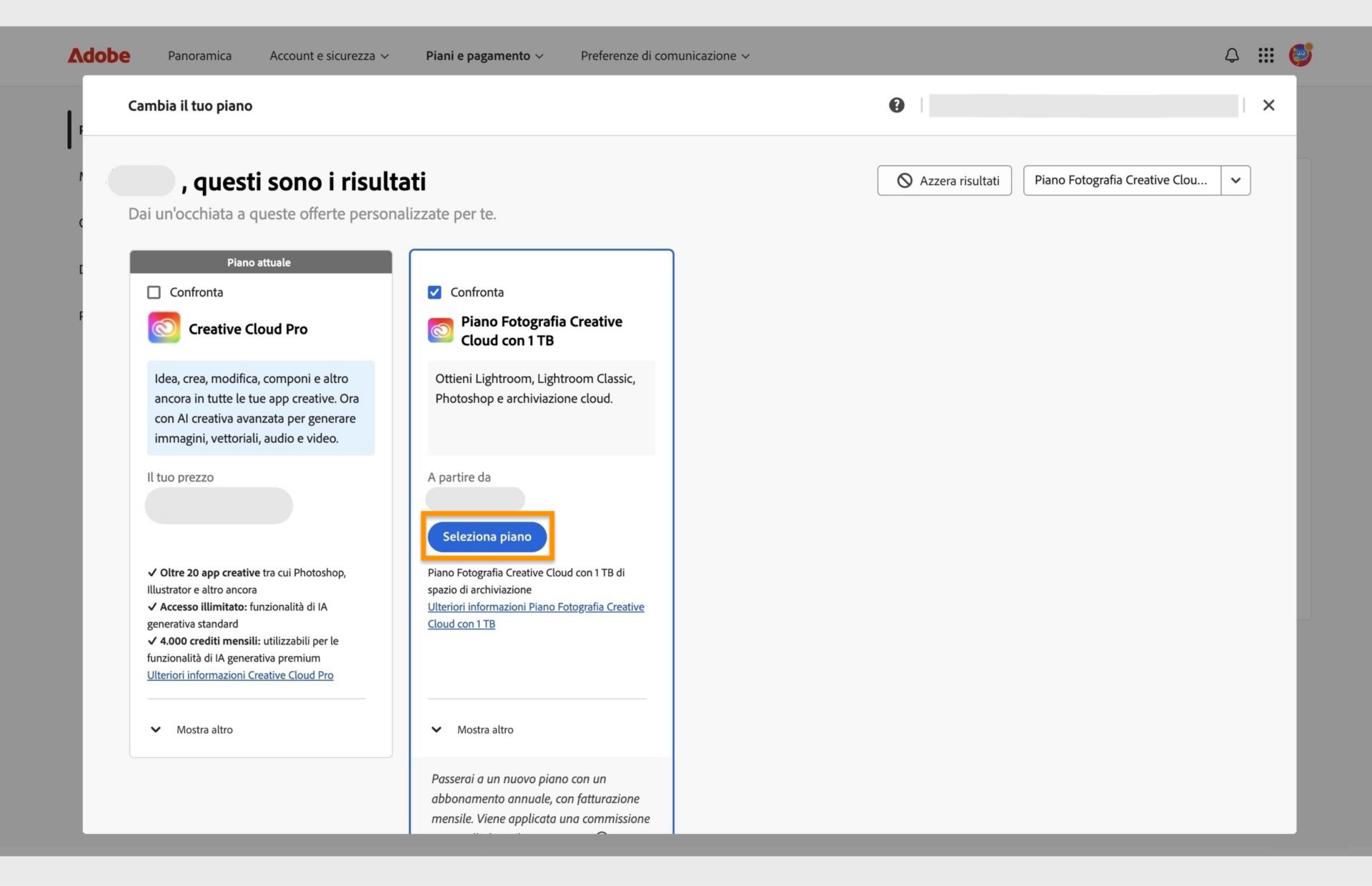Finestra Modifica del piano che mostra il piano corrente, i piani ricercati e le opzioni per selezionare il nuovo piano, confrontare i piani, visualizzare ulteriori informazioni sul piano e cancellare i risultati della ricerca. 