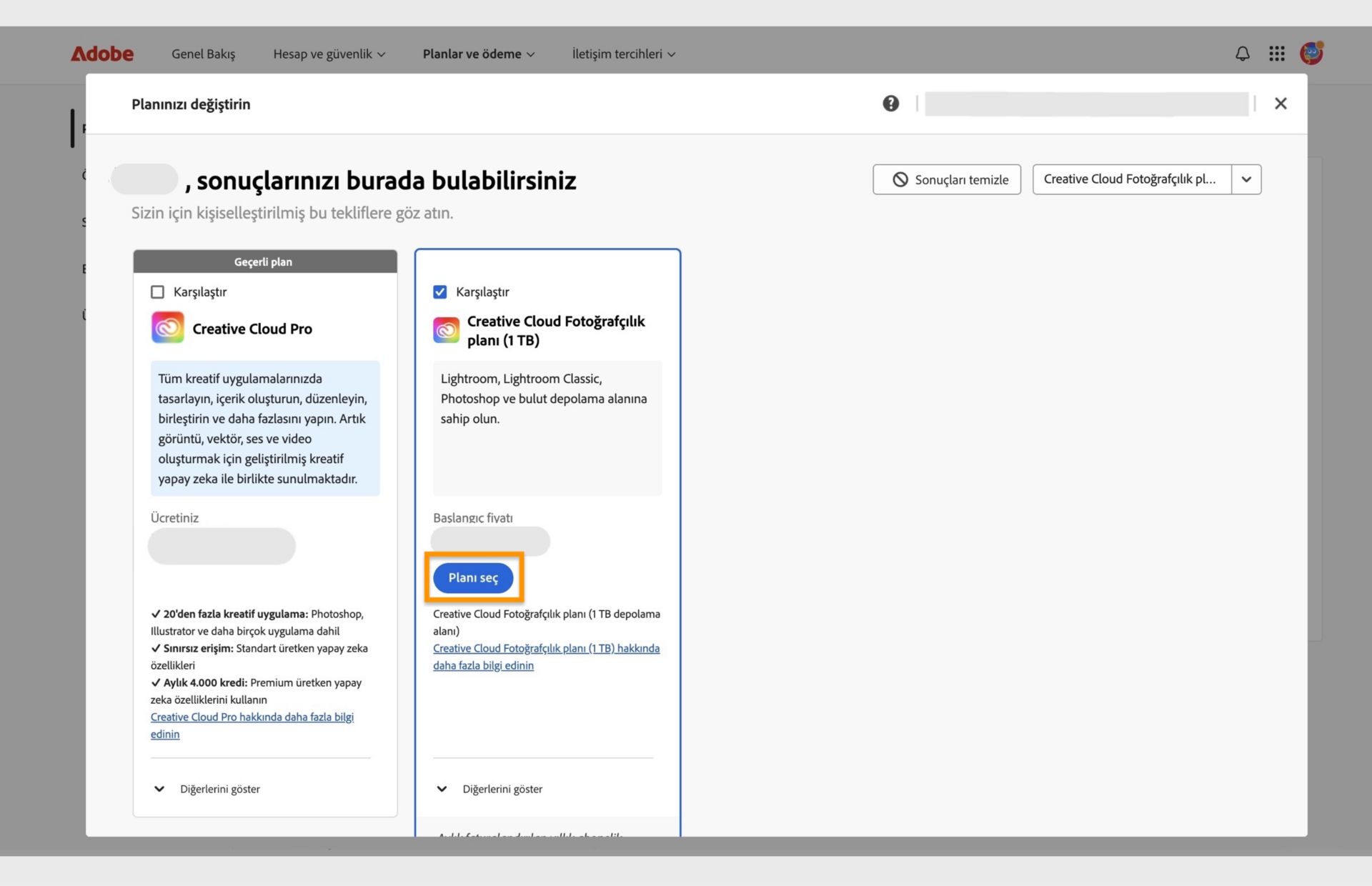 Geçerli planı, aranan planları ve yeni planı seçme, planları karşılaştırma, plan hakkında daha fazla bilgi gösterme ve arama sonuçlarını temizleme seçeneklerinin gösterildiği Planınızı değiştirin penceresi. 