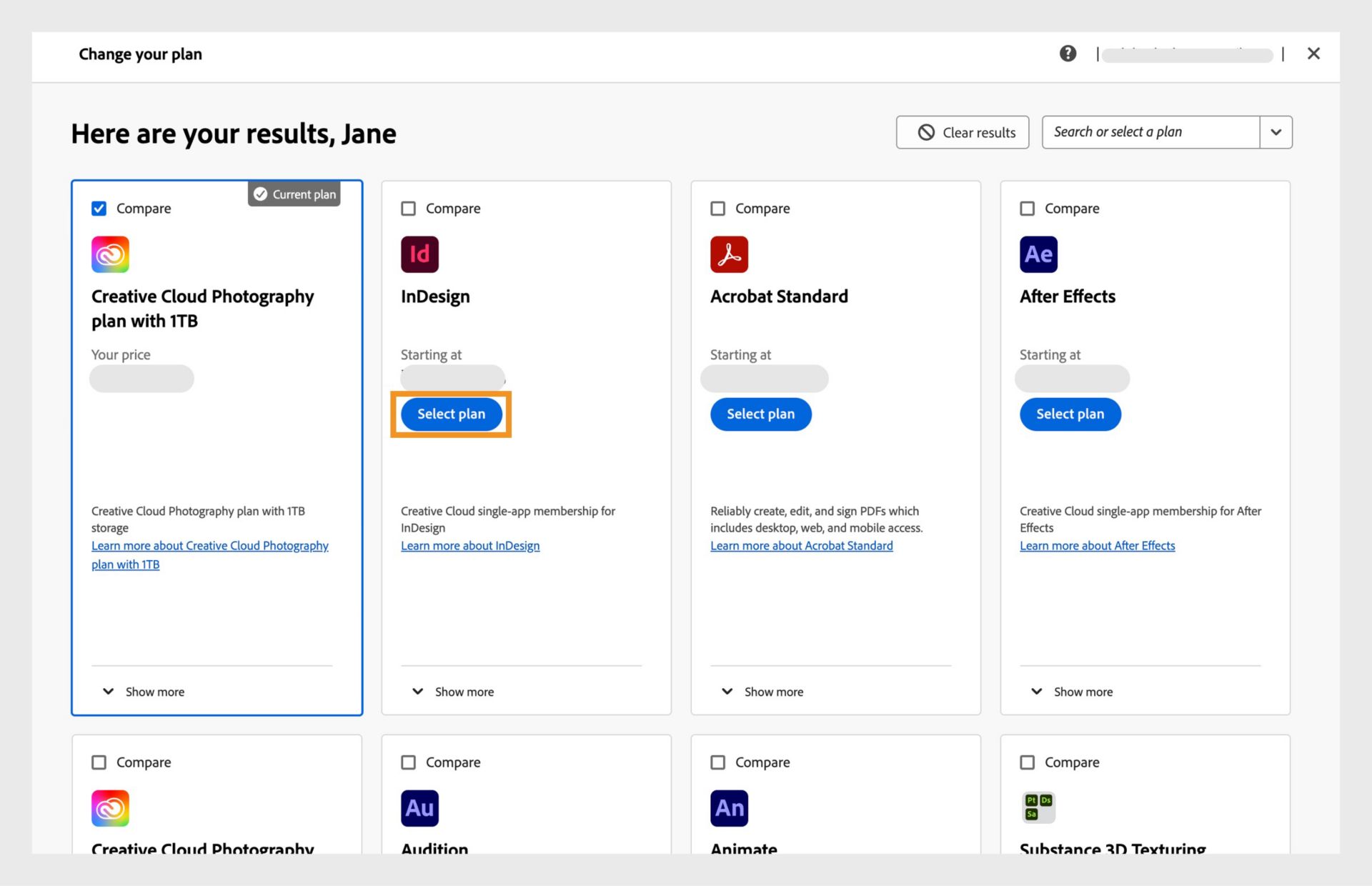 Het venster Je lidmaatschap wijzigen toont het huidige lidmaatschap, de gezochte lidmaatschappen en opties om het nieuwe lidmaatschap te selecteren, lidmaatschappen te vergelijken, meer informatie over het lidmaatschap weer te geven en zoekresultaten te wissen. 