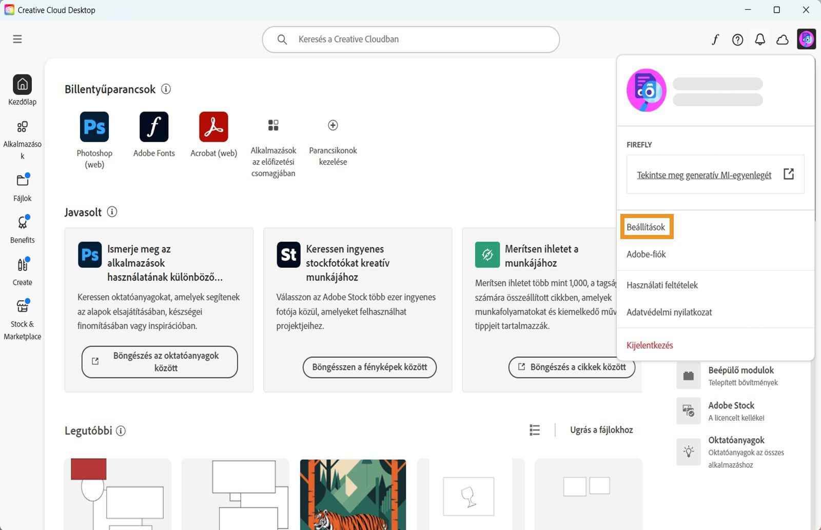 A Fiók menü olyan opciókat jelenít meg, mint a Beállítások, Kijelentkezés, valamint a generatív MI-funkciókhoz szükséges havi generatív kreditek. 