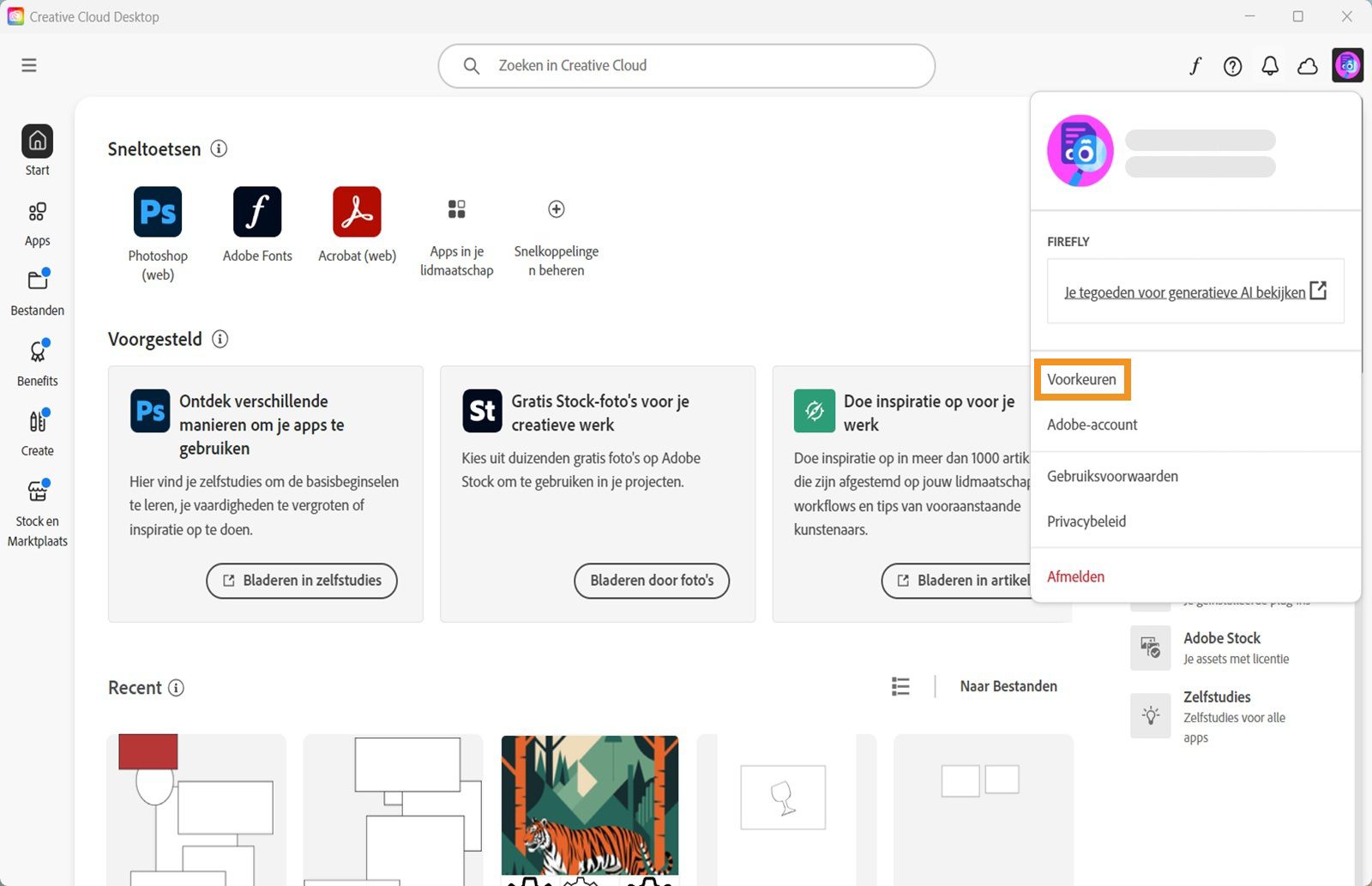 Het menu Account bevat opties zoals Voorkeuren, Afmelden en het aantal maandelijkse generatieve tegoeden voor generatieve AI-functies. 