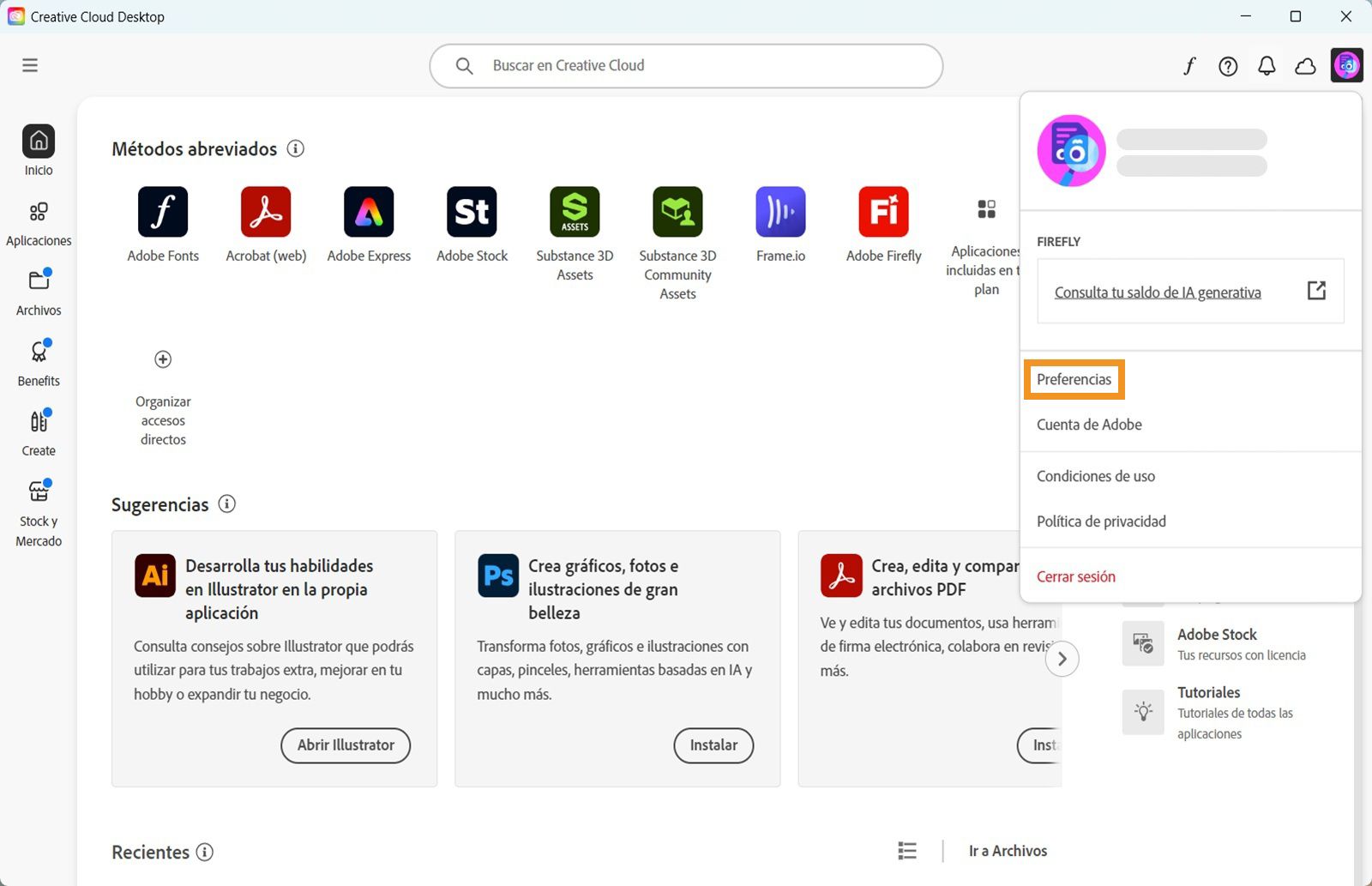 El menú Cuenta muestra opciones como Preferencias, Cerrar sesión y créditos generativos mensuales para las funciones de IA generativa. 