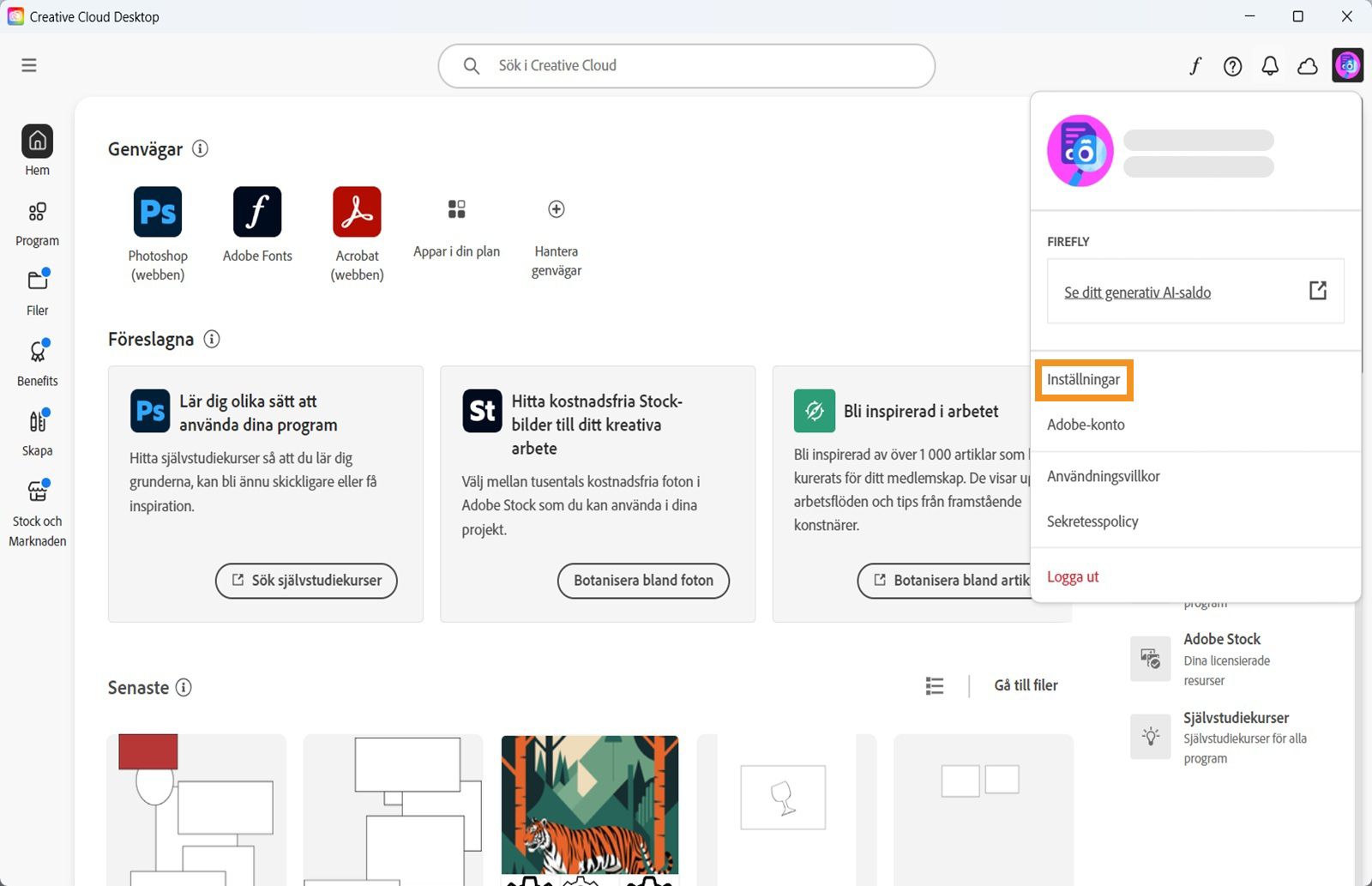 Kontomenyn visar alternativ som Inställningar, Logga ut och månatliga generativkrediter för generativ AI-funktioner. 