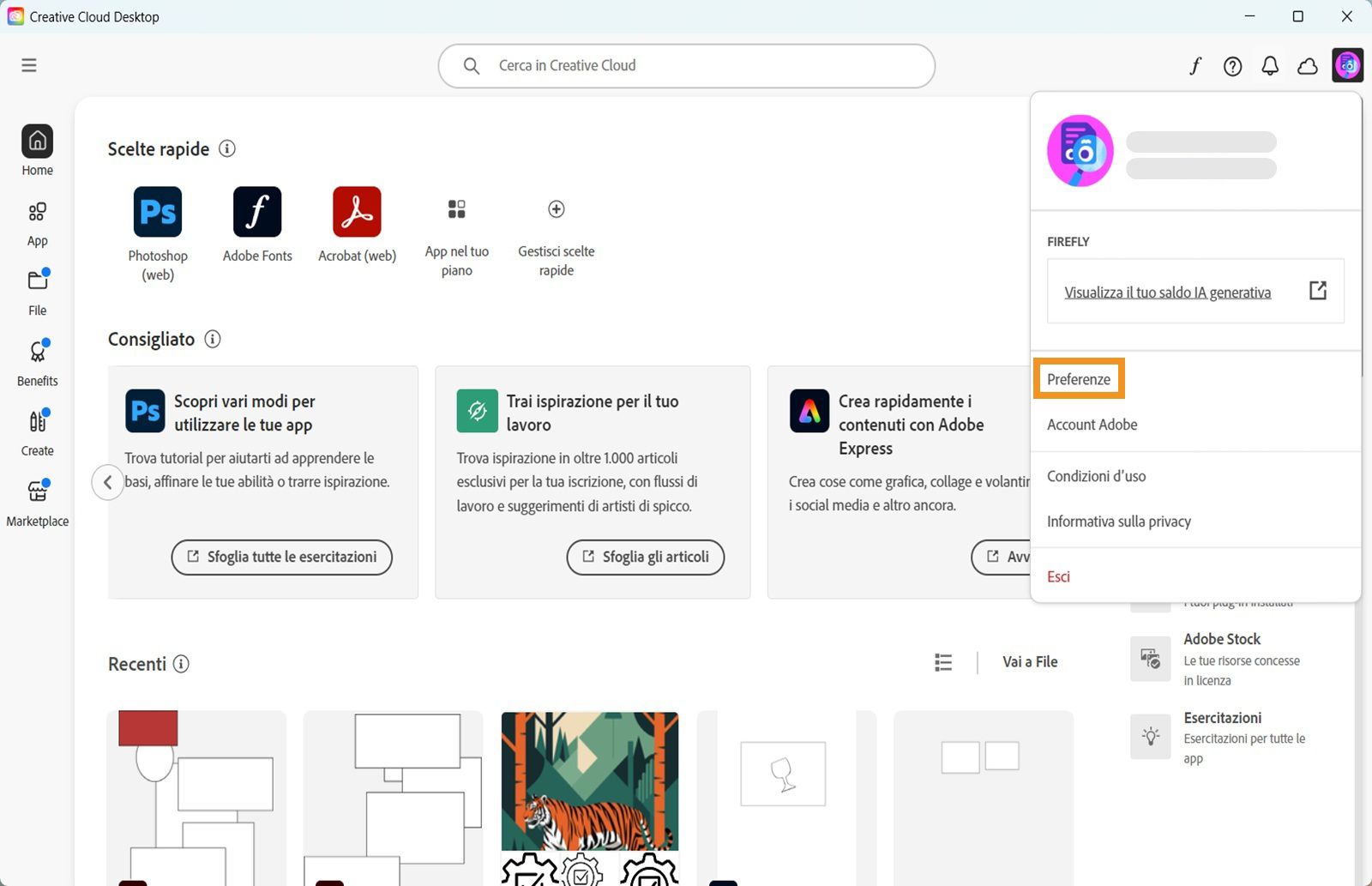 Il menu Account contiene opzioni come Preferenze, Esci e crediti generativi mensili per le funzionalità di IA generativa. 