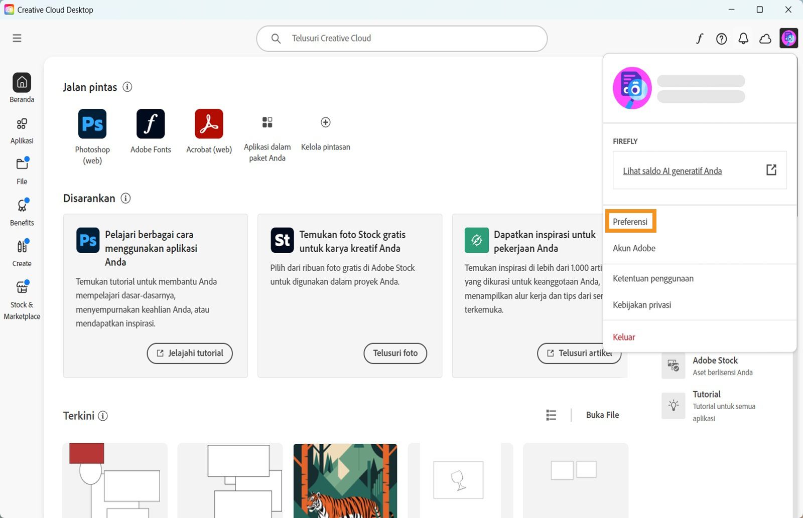 Menu Akun menampilkan opsi seperti Preferensi, Logout, dan kredit generatif bulanan untuk fitur Gen AI. 