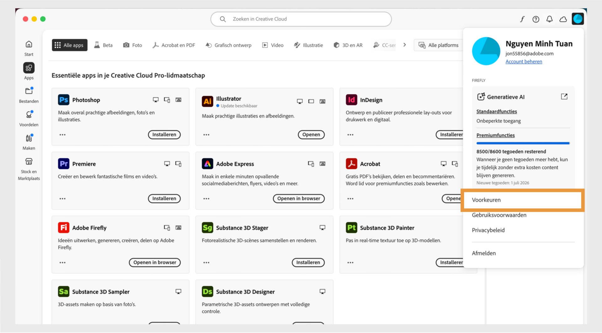 Het pictogram Account-menu in de rechterbovenhoek van de Creative Cloud desktop-applicatie biedt de optie om applicatievoorkeuren te selecteren.