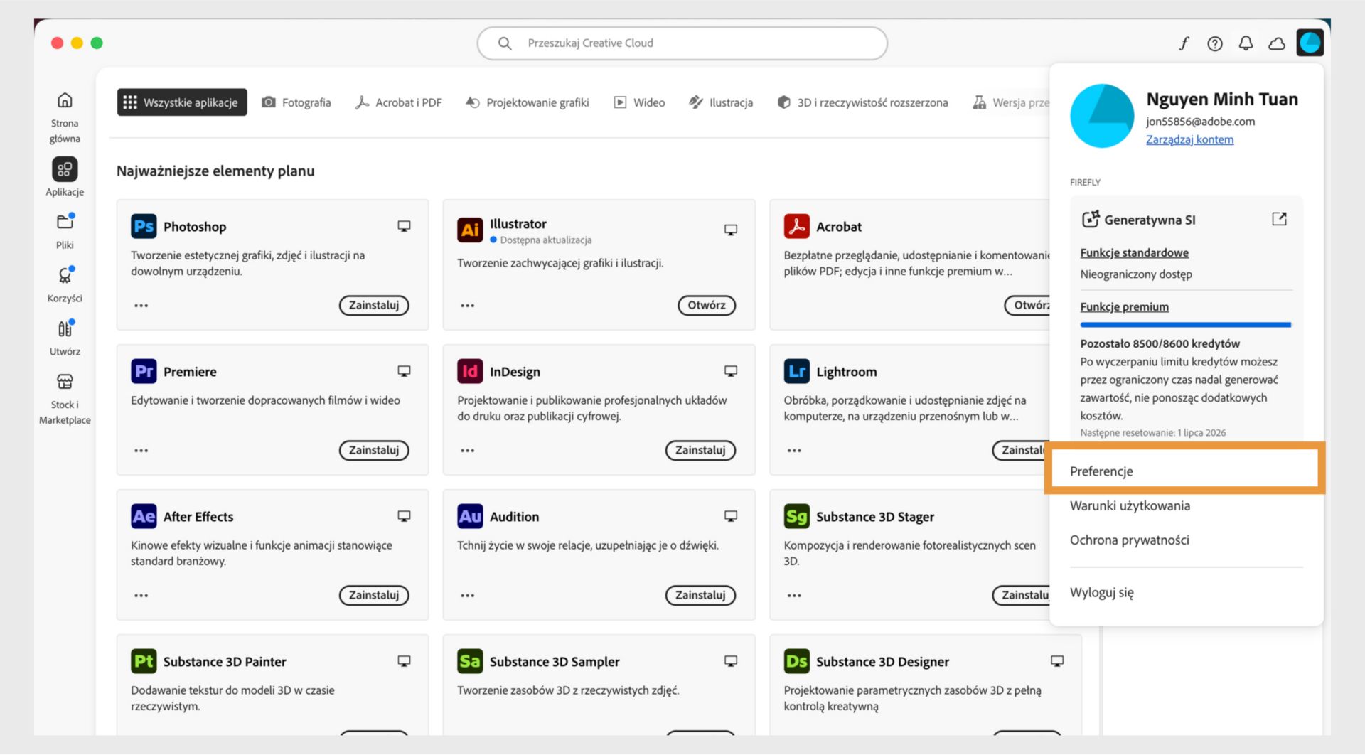 Ikona menu Konto w prawym górnym rogu aplikacji Creative Cloud Desktop umożliwia wybór preferencji aplikacji.