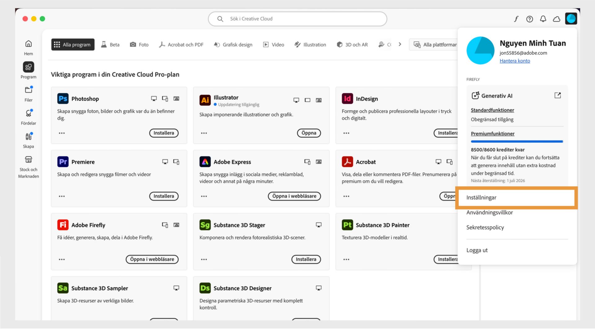 Kontomenyikonen i det övre högra hörnet av Creative Cloud-programmet ger alternativet att välja programinställningar.