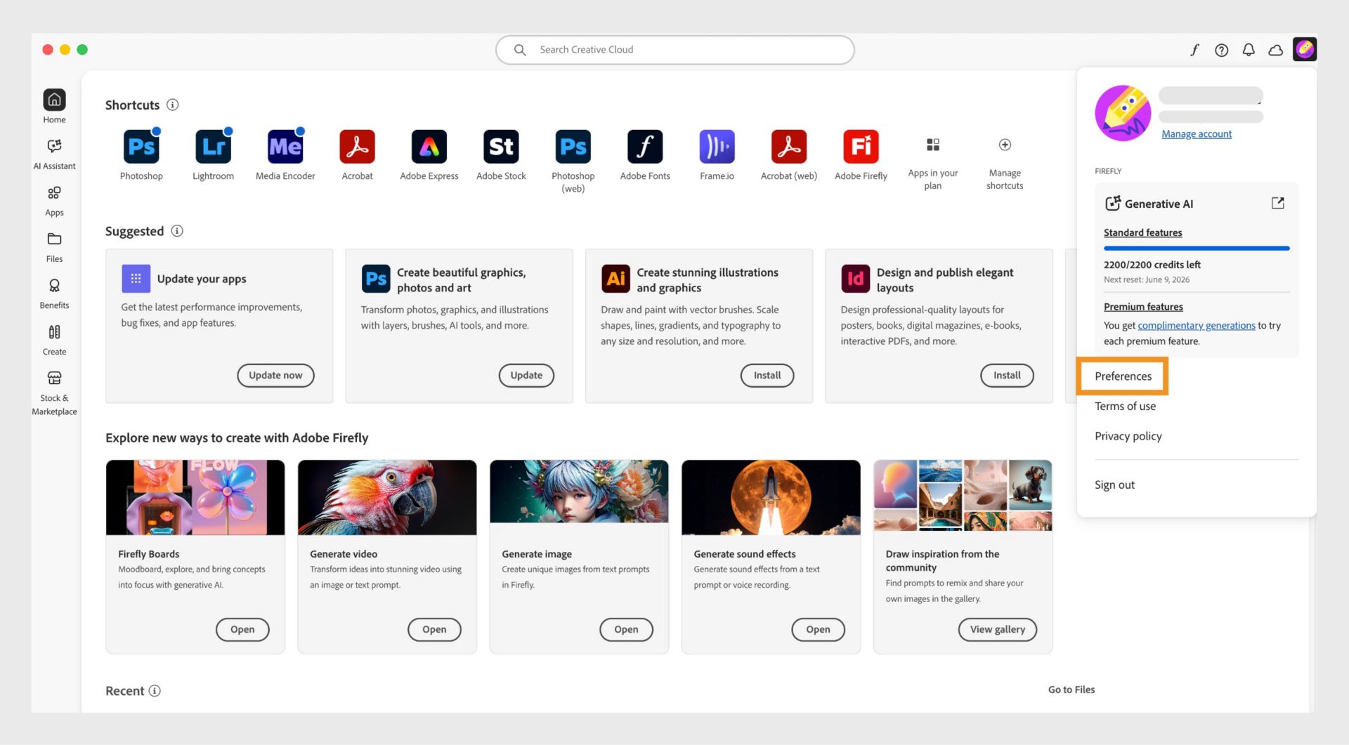 Икона на акаунт и опция „Предпочитания“ в менюто на настолното приложение Creative Cloud.