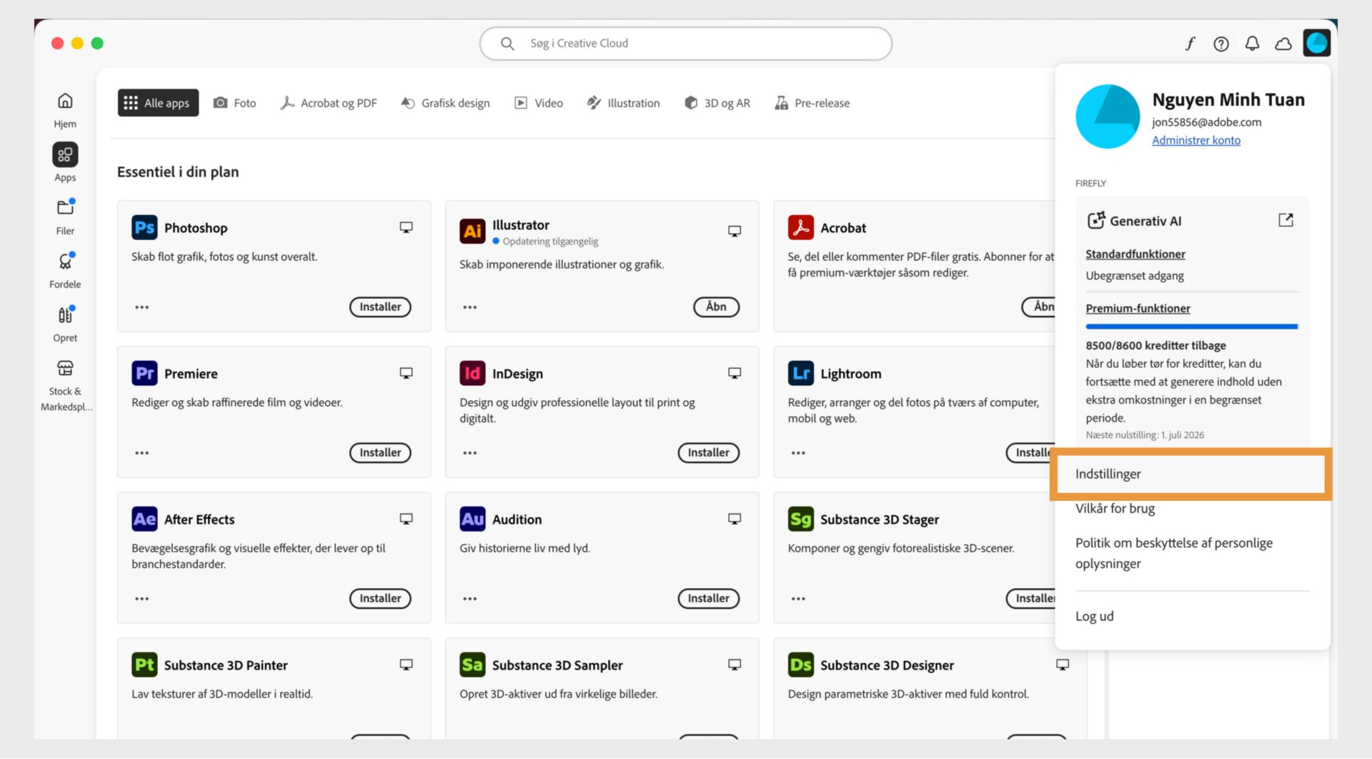 Ikonet Konto og indstillingen Præferencer i menuen for Creative Cloud-computerappen.