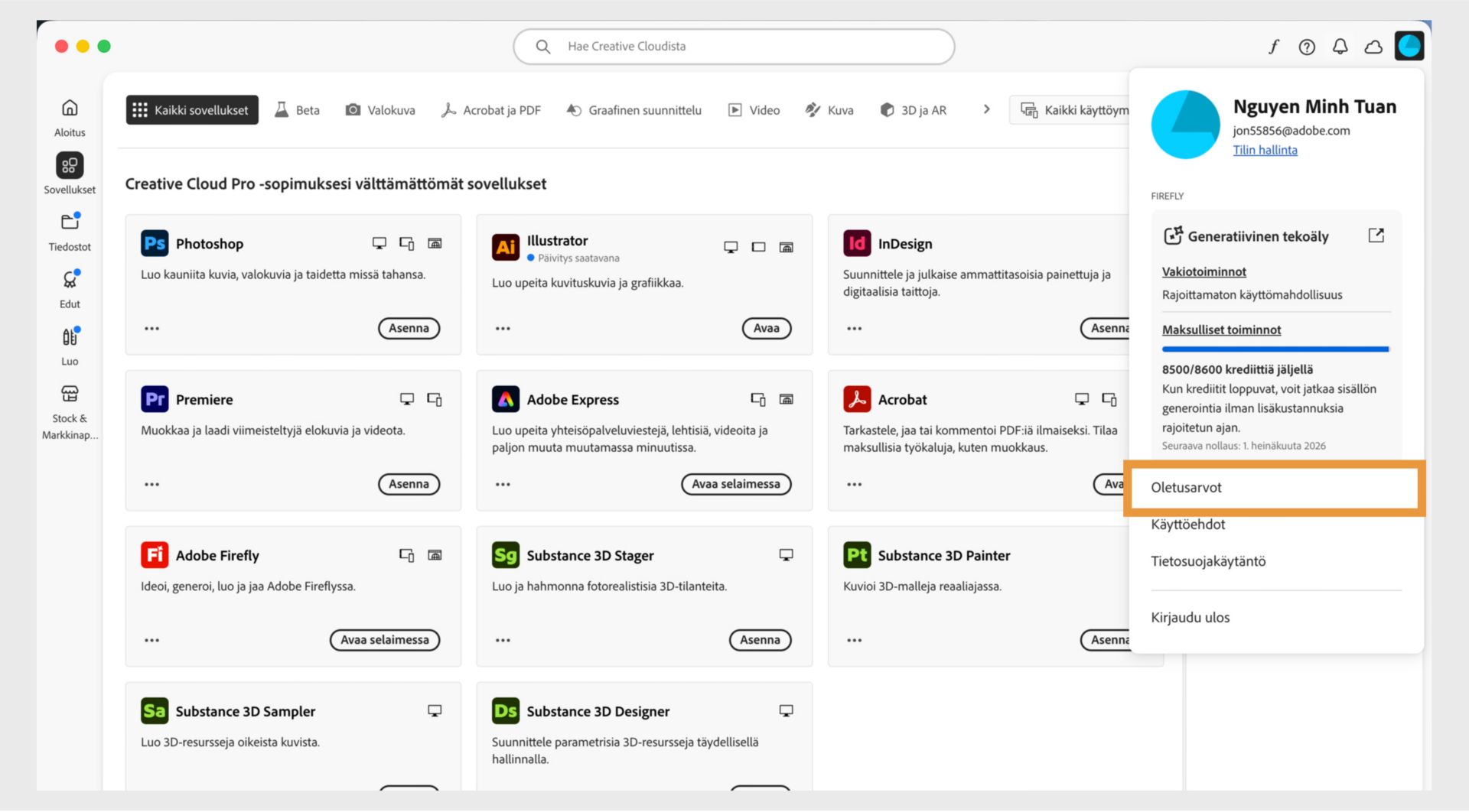 Tilikuvake ja Asetukset-vaihtoehto Creative Cloud -työpöytäsovelluksen valikossa.