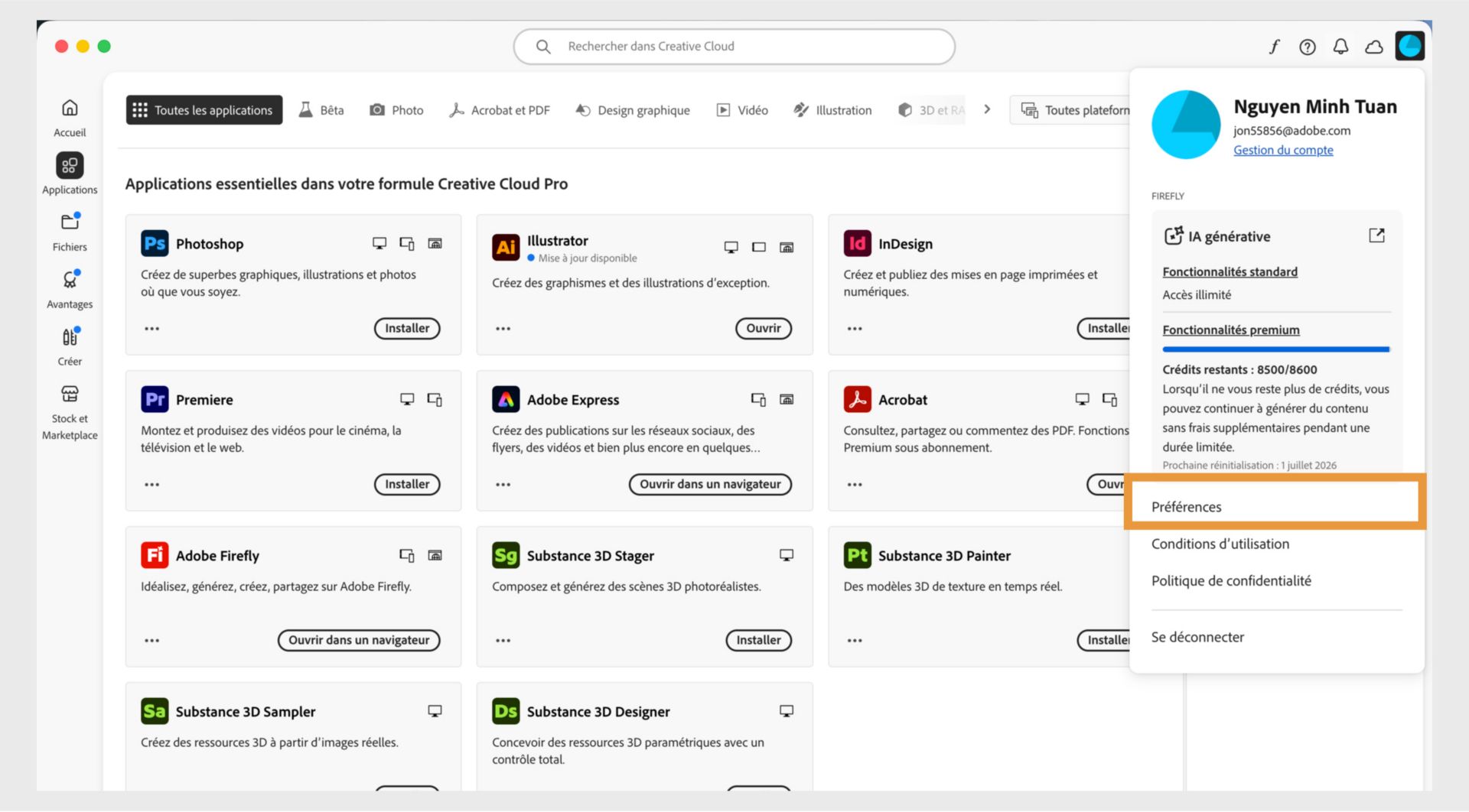 Icône de compte et option Préférences dans le menu de l'application de bureau Creative Cloud.