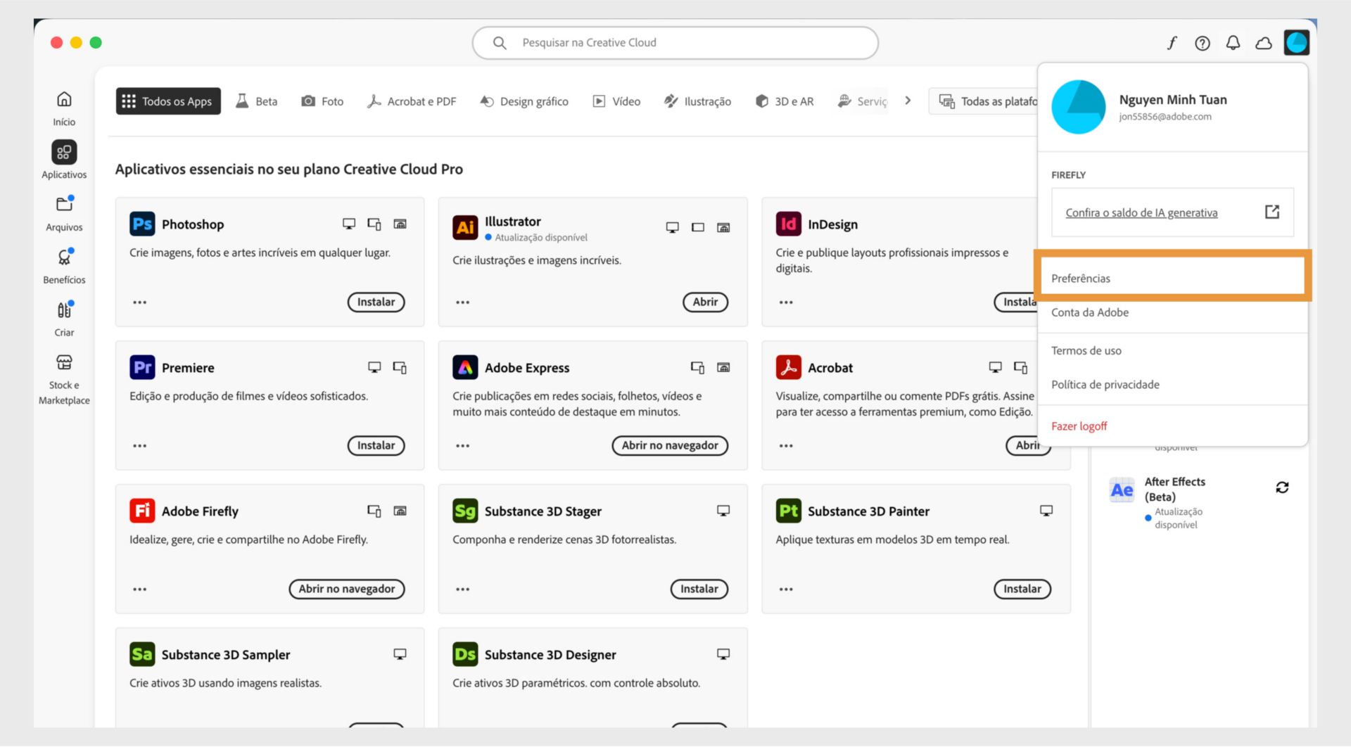 Ícone de conta e opção de preferências no menu do aplicativo da Creative Cloud para desktop.
