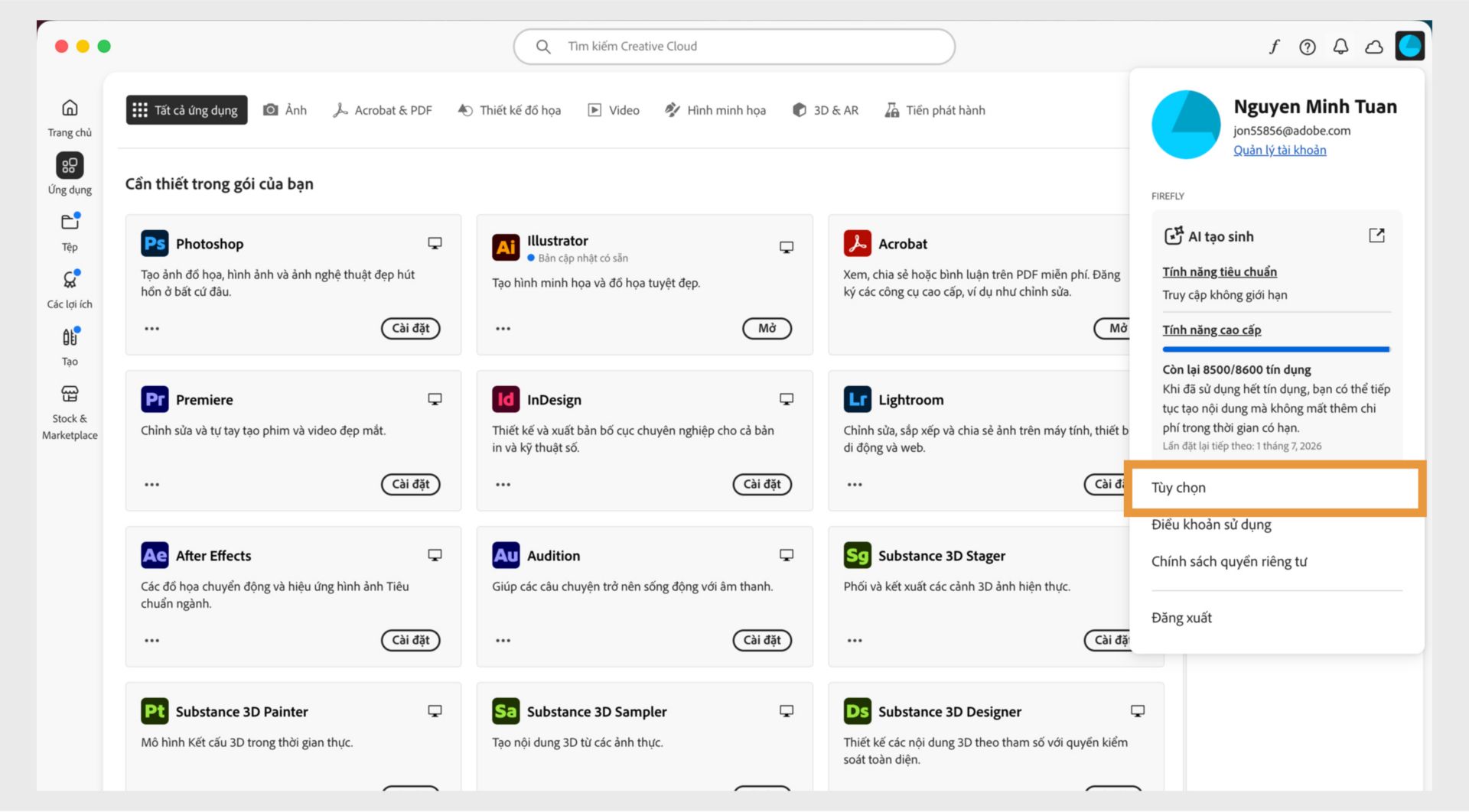 Biểu tượng tài khoản và tùy chọn Lựa chọn ưu tiên trong menu ứng dụng Creative Cloud cho máy tính để bàn.