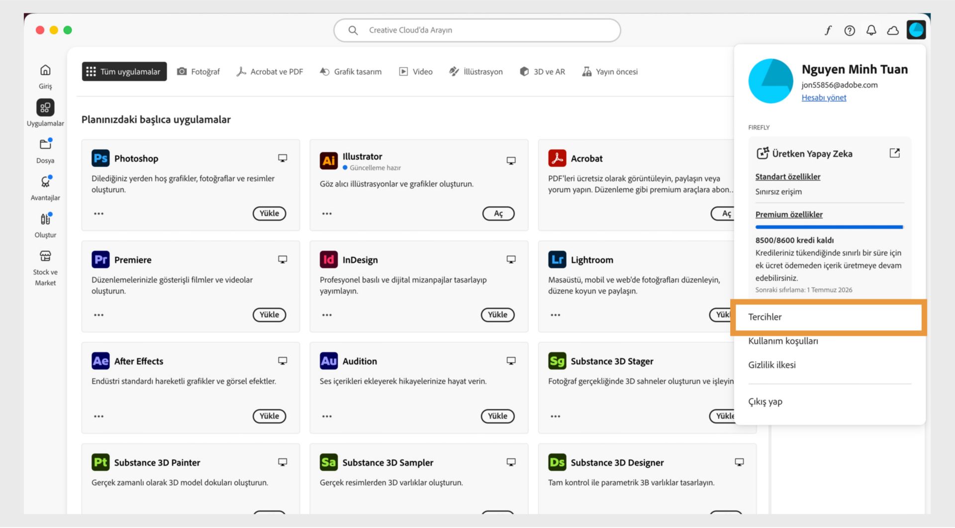 Creative Cloud masaüstü uygulamasının sağ üst köşesinde Hesap menü simgesi, uygulama tercihlerini seçme olanağını sağlar.