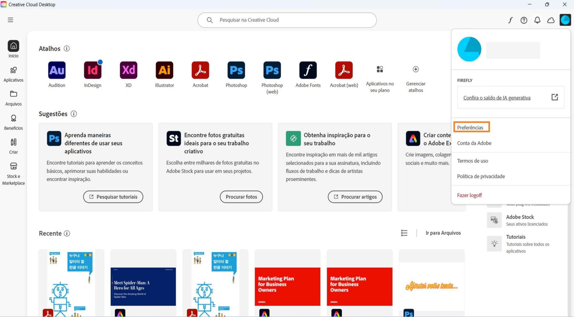 O menu suspenso Conta mostra opções como Preferências, Sair e Conta da Adobe. 
