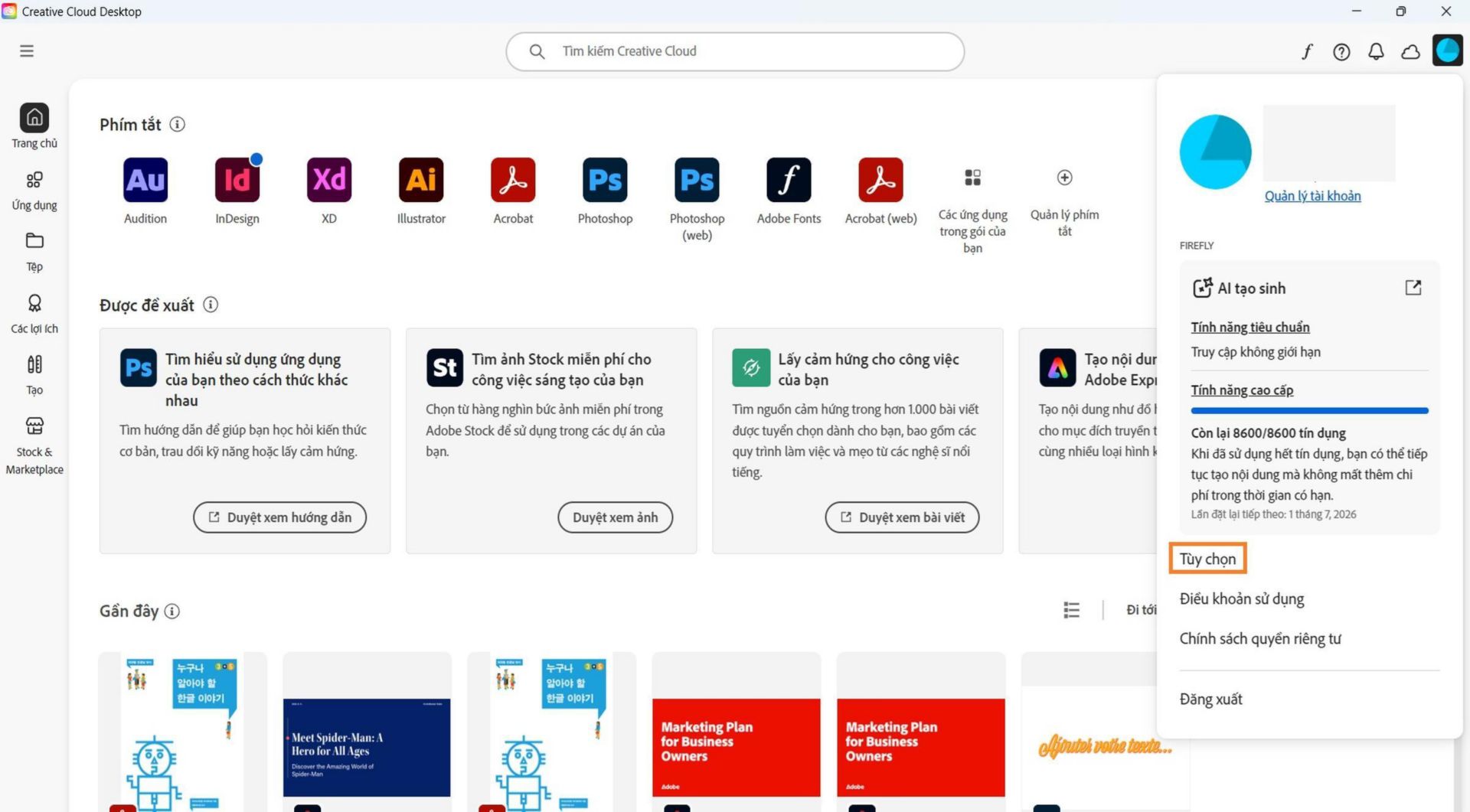 Menu thả xuống Tài khoản hiển thị các tùy chọn như Tùy chọn, Đăng xuất và Tài khoản Adobe. 