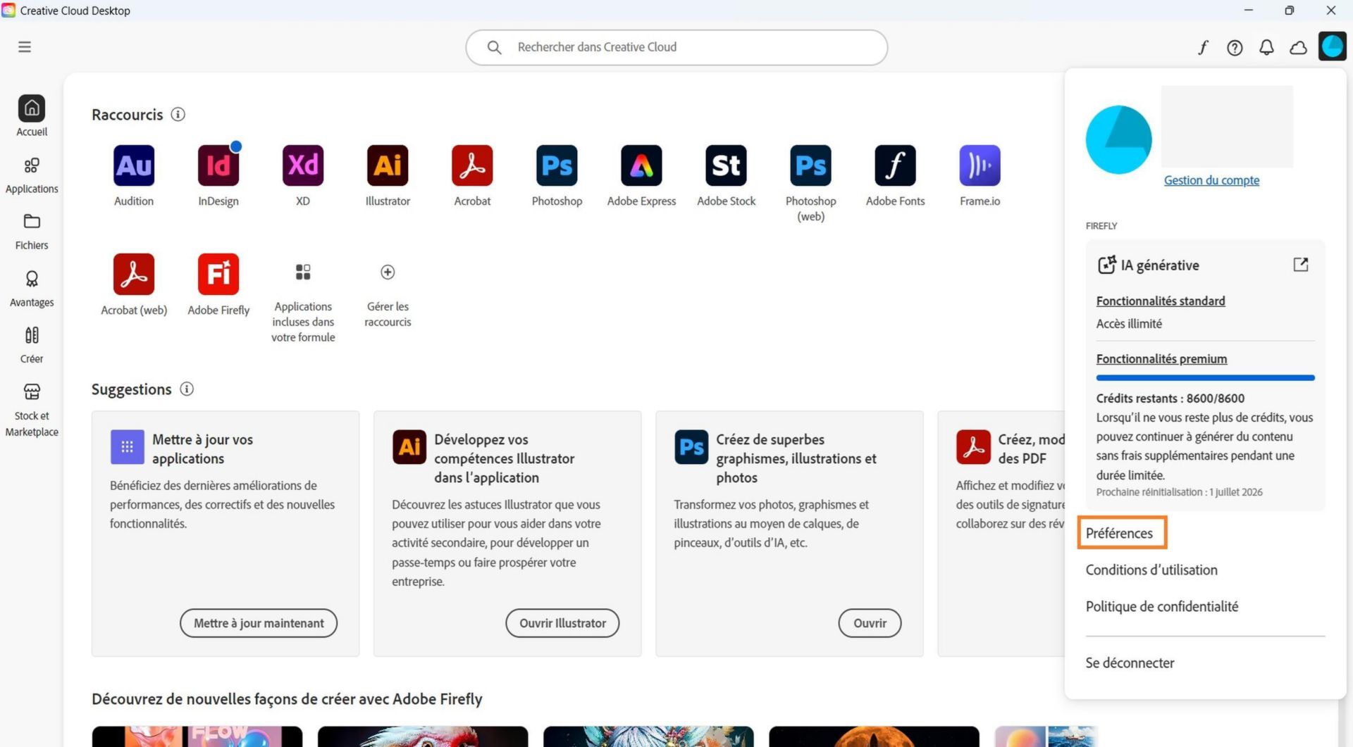 Le menu déroulant Compte affiche des options telles que Préférences, Se déconnecter et Compte Adobe. 