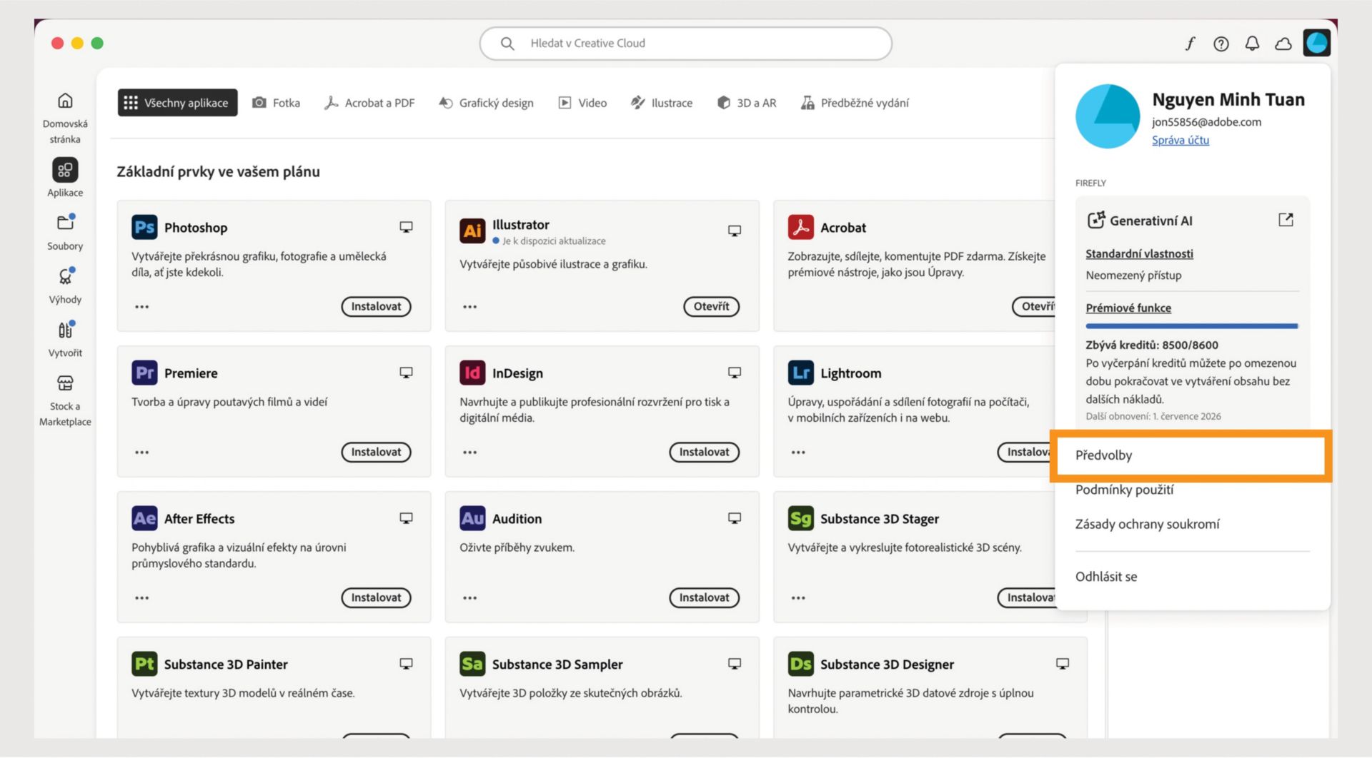 Ikona nabídky Účet v pravém horním rohu aplikace Creative Cloud poskytuje možnost vybrat předvolby aplikace.