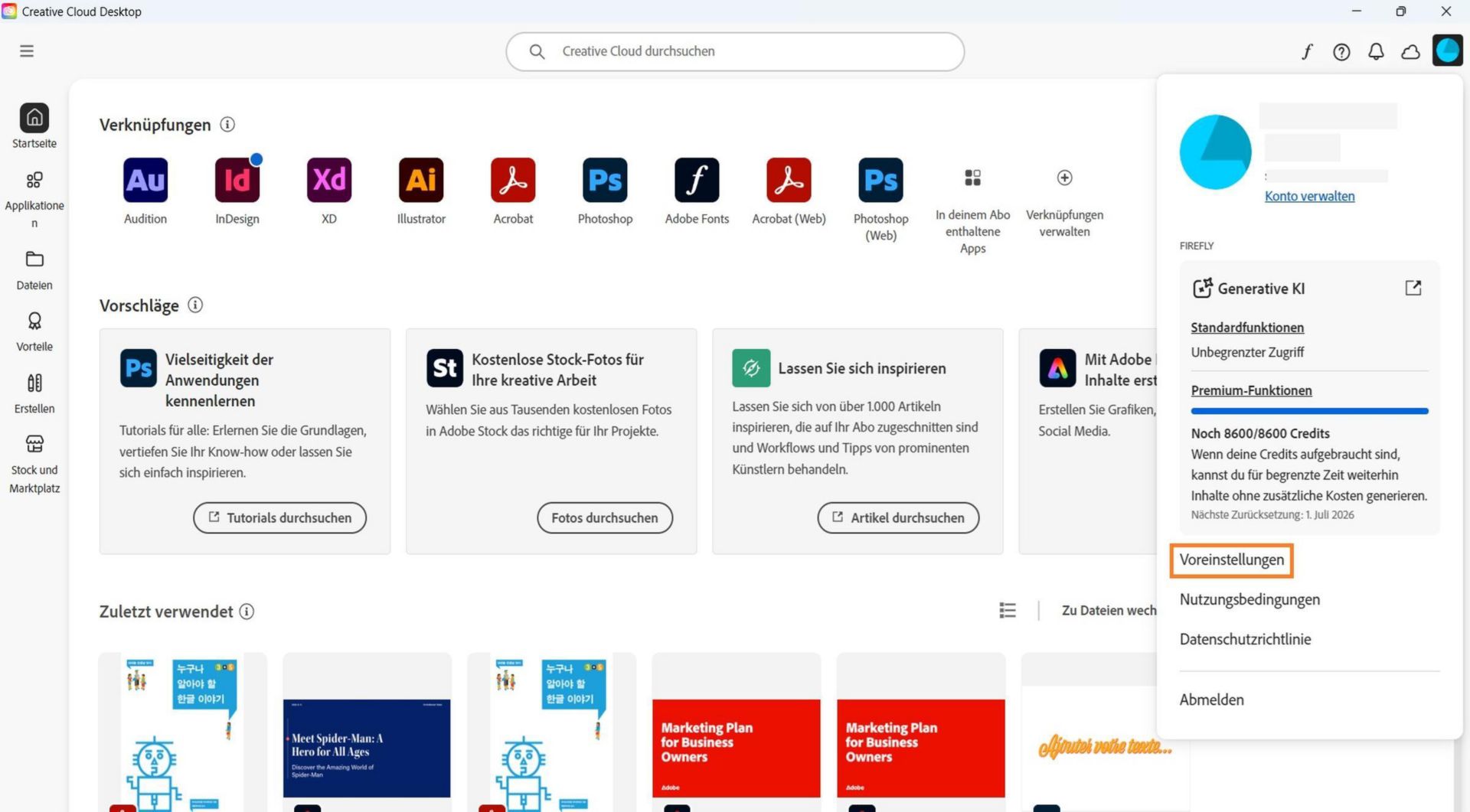 Im Dropdown-Menü „Konto“ werden Optionen wie „Voreinstellungen“, „Abmelden“ und „Adobe-Konto“ angezeigt. 