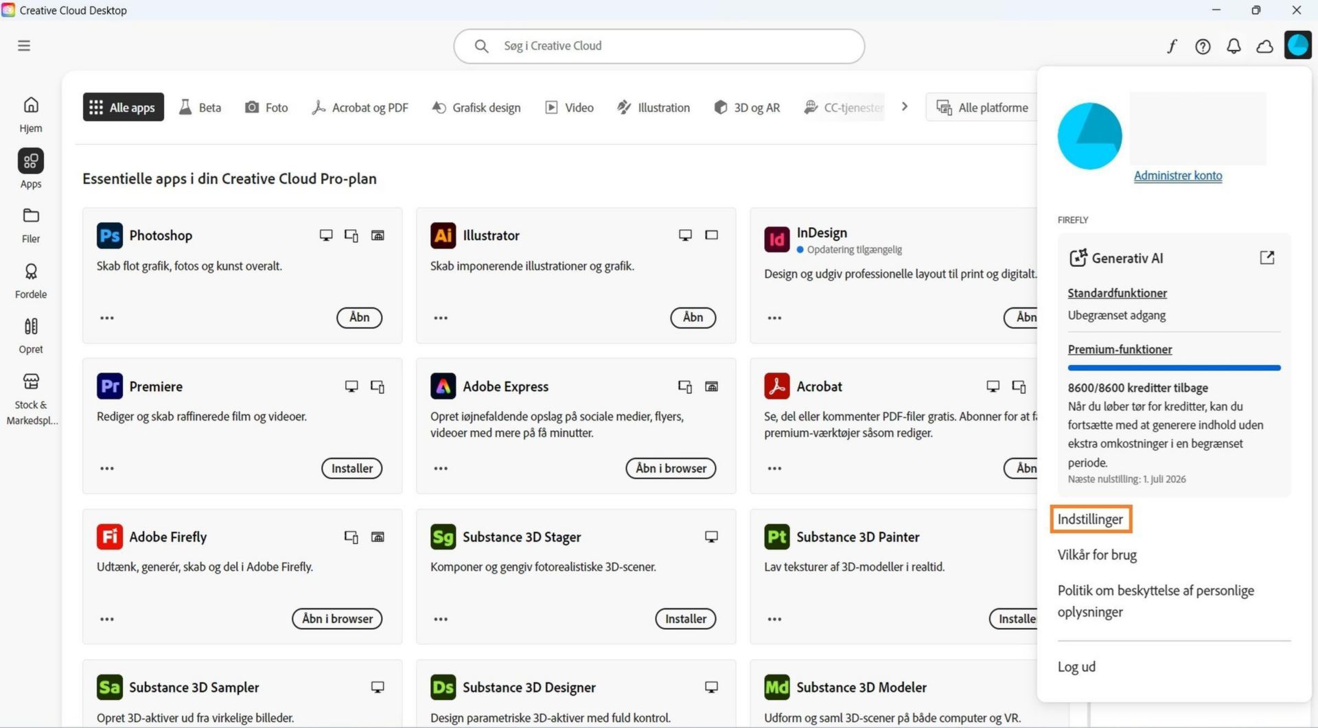 Rullemenuen Konto viser muligheder som Præferencer, Log ud og Adobe-konto. 