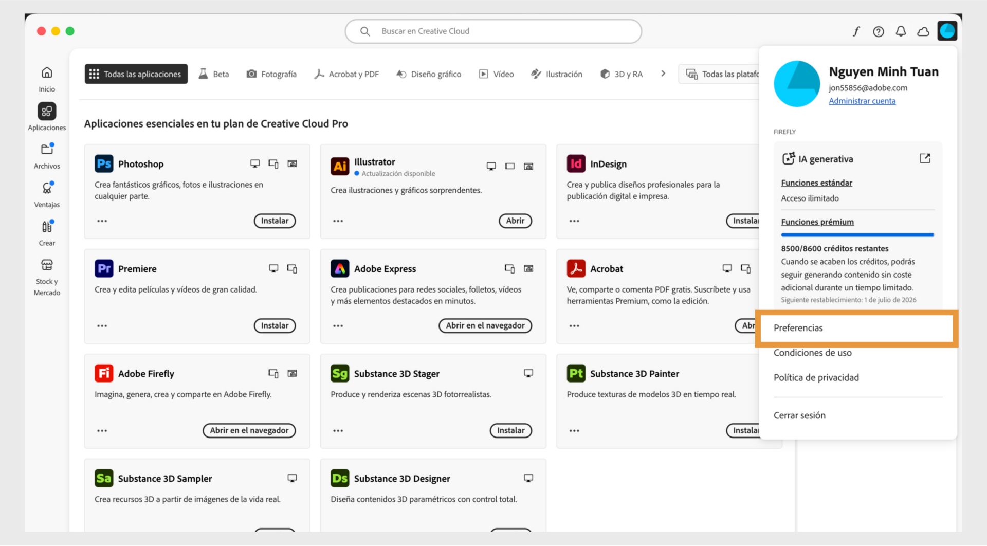 El icono del menú Cuenta en la esquina superior derecha de la aplicación de Creative Cloud para escritorio proporciona la opción de seleccionar las preferencias de la aplicación.