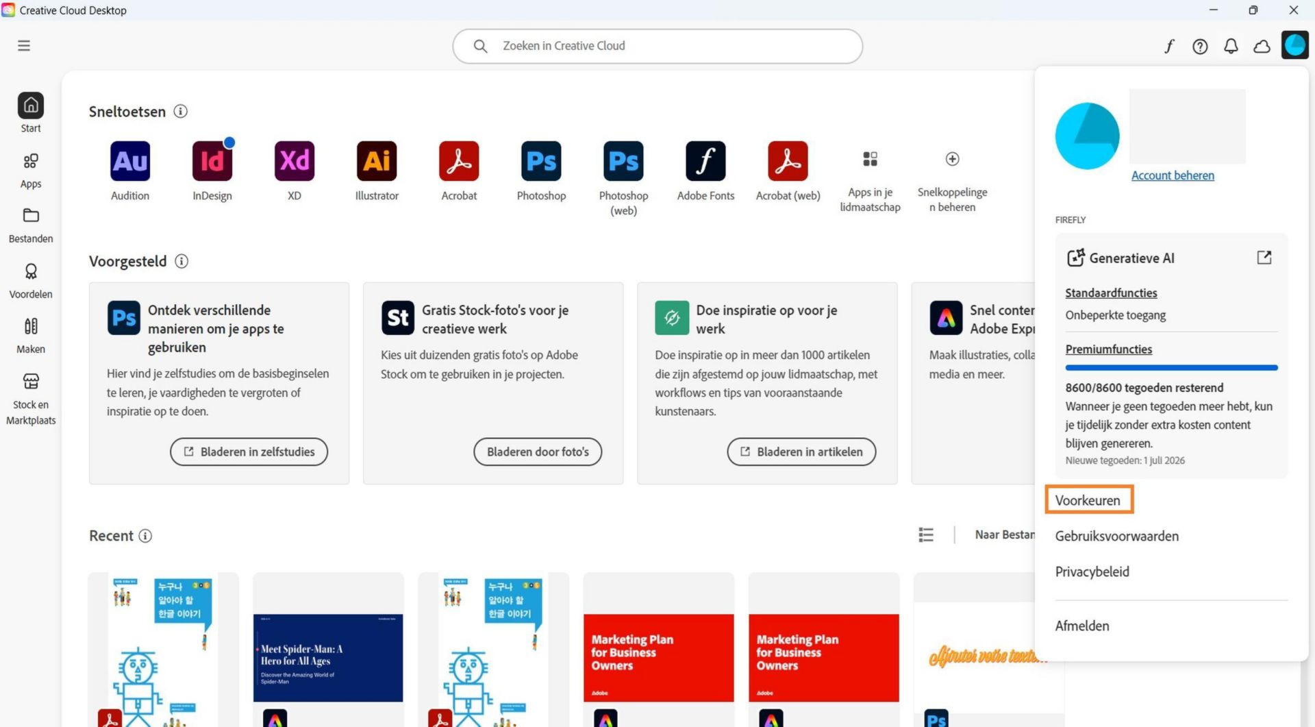 De vervolgkeuzelijst Account bevat opties zoals Voorkeuren, Afmelden en Adobe-account. 