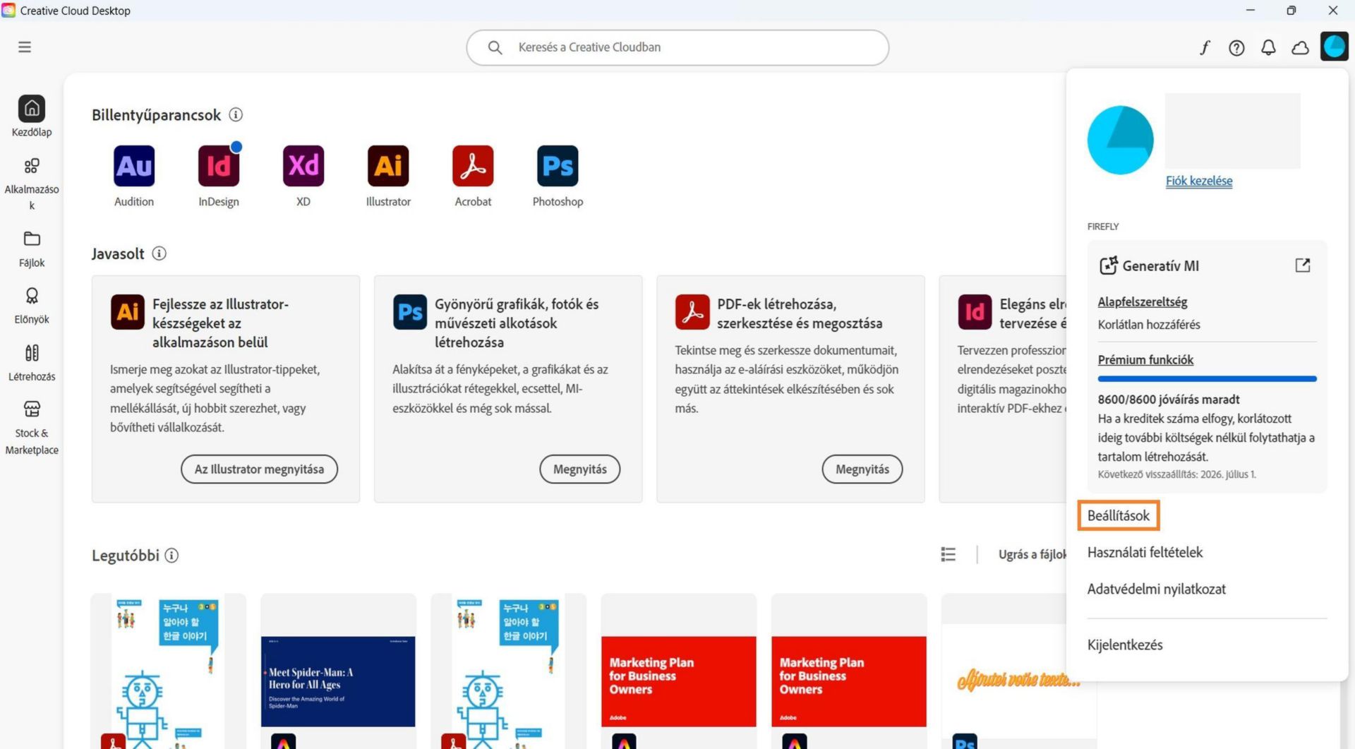 A Fiók legördülő menüben olyan opciók láthatók, mint a Beállítások, Kijelentkezés és Adobe-fiók. 