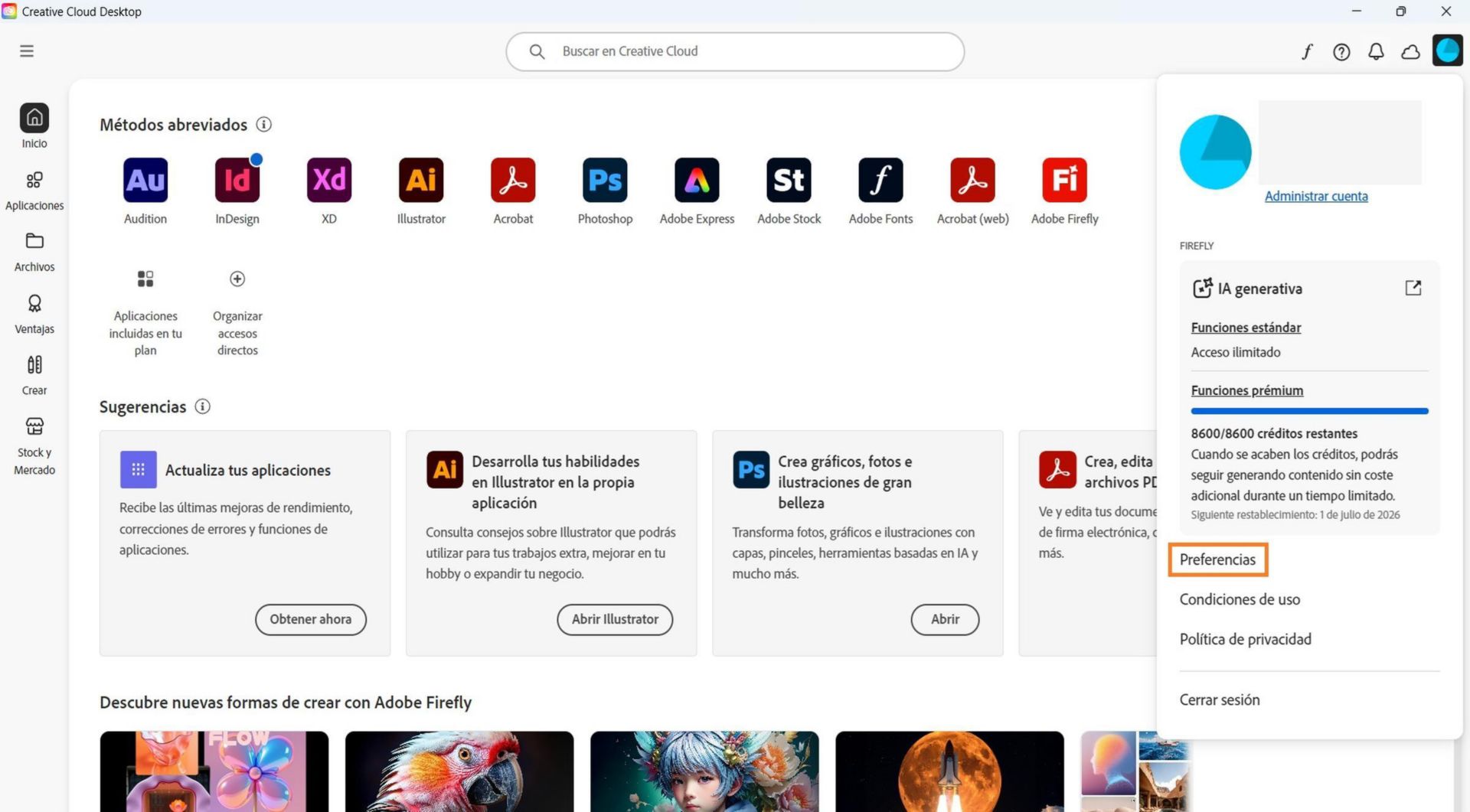 La lista desplegable Cuenta muestra opciones como Preferencias, Cerrar sesión y Cuenta de Adobe. 