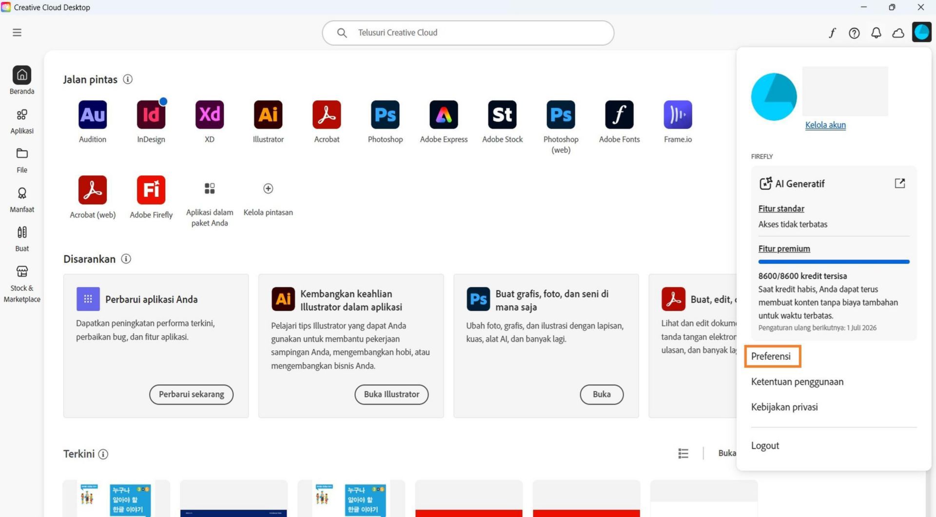 Menu menurun Akun memperlihatkan opsi seperti Preferensi, Logout, dan Akun Adobe. 