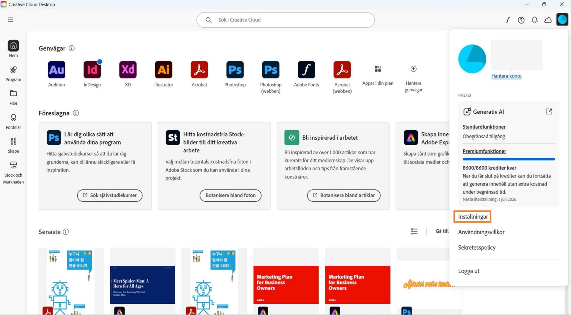 I listrutan Konto visas alternativ som Inställningar, Logga ut och Adobe-konto. 